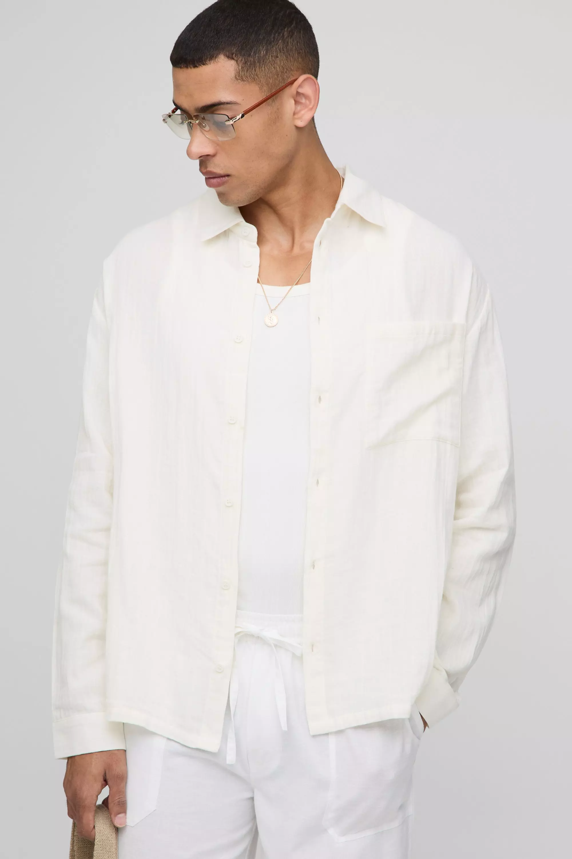 Ecru Oversized Collared Cheesecloth Long Sleeve Shirt alternative image
