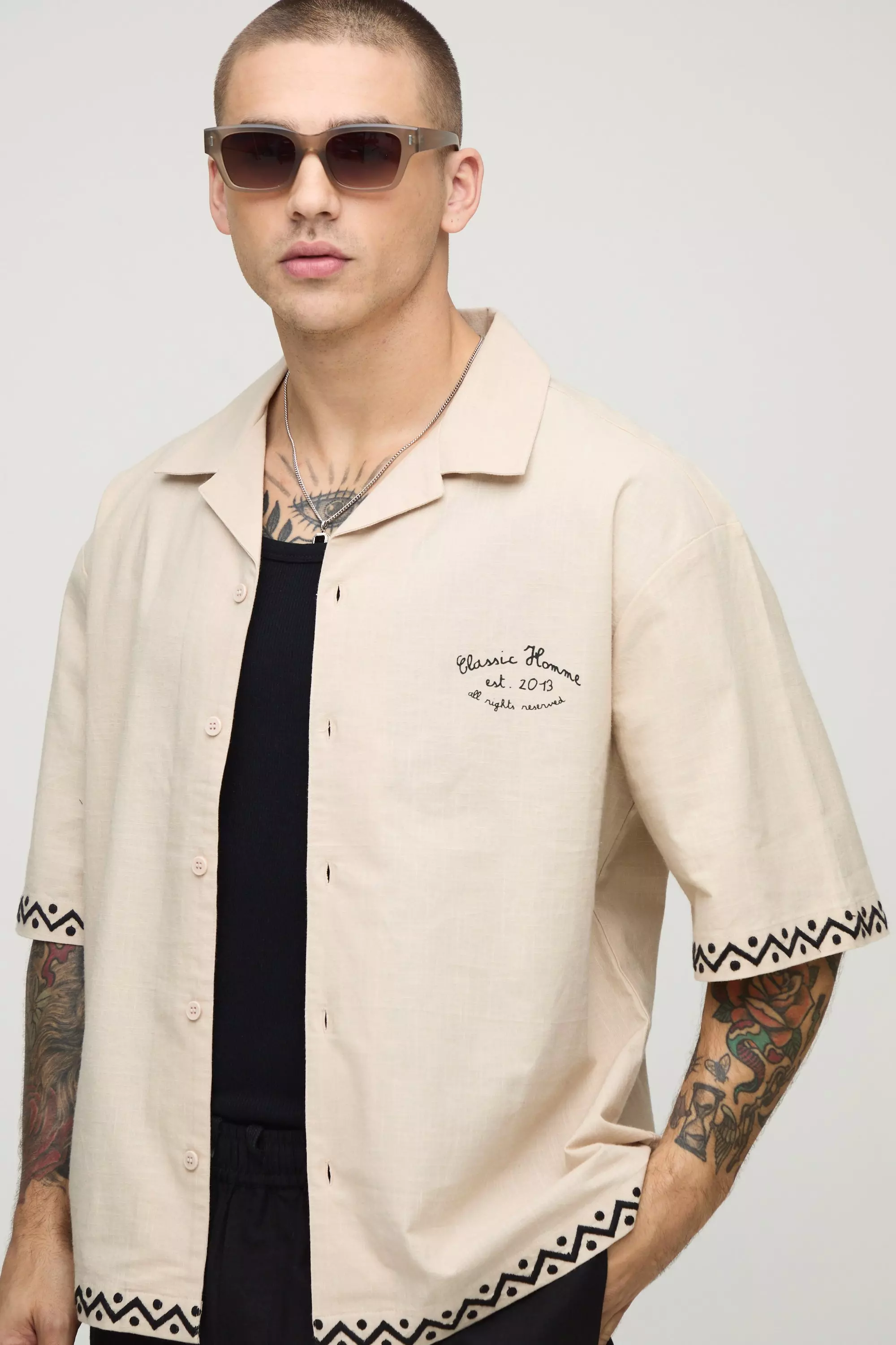 Natural Oversized Linen Look Embroidered Revere Shirt alternative image
