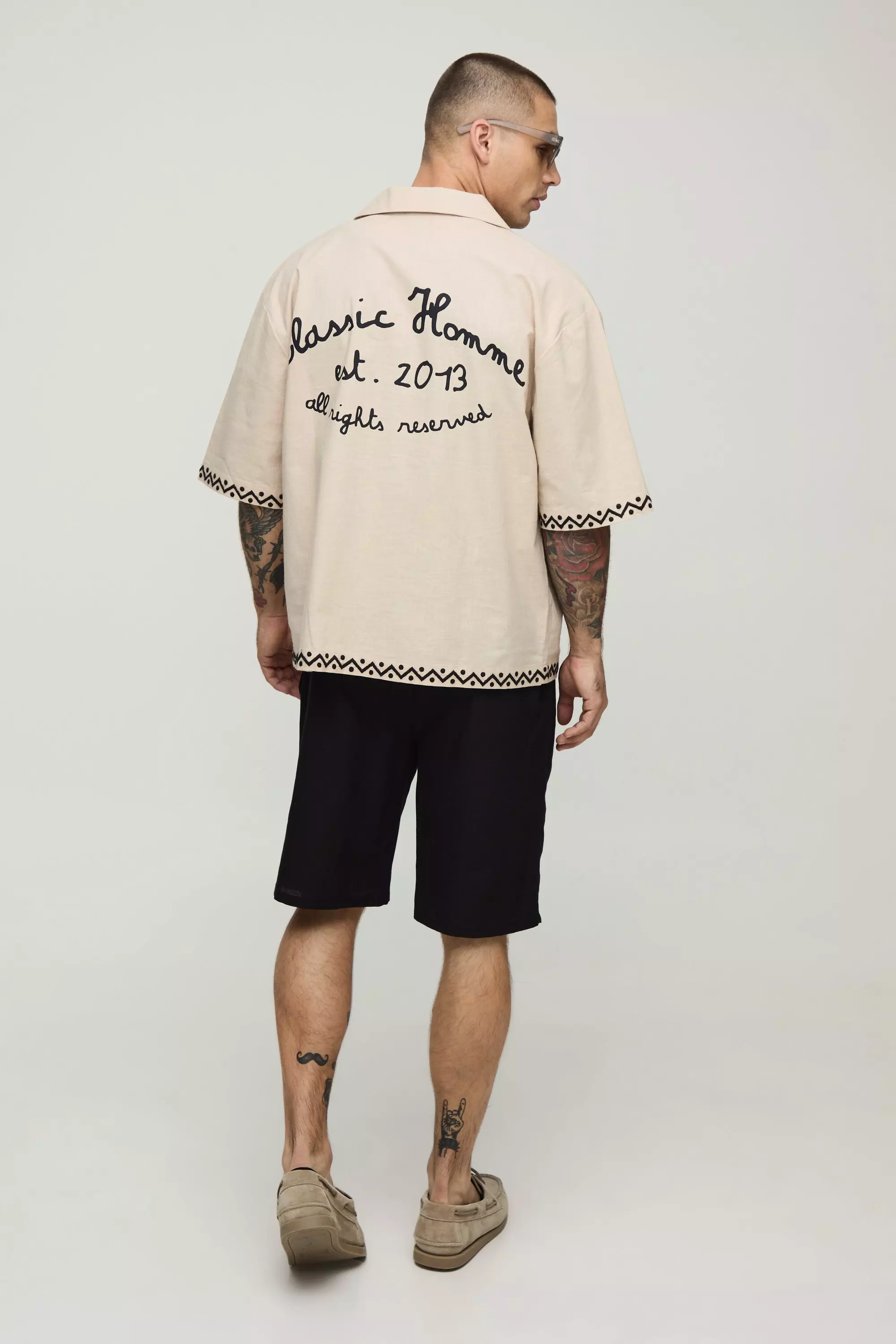 Natural Oversized Linen Look Embroidered Revere Shirt alternative image
