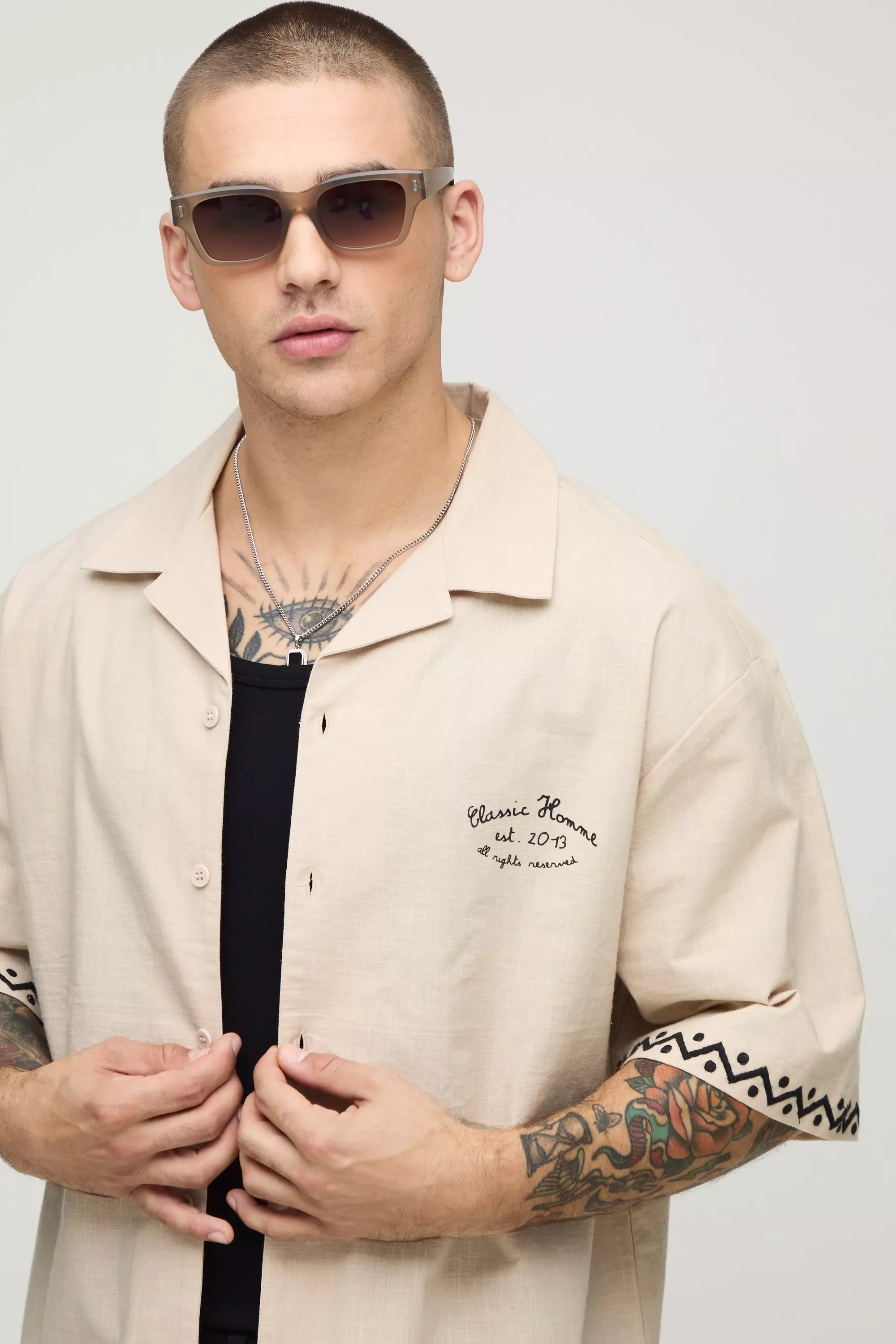 Natural Oversized Linen Look Embroidered Revere Shirt alternative image