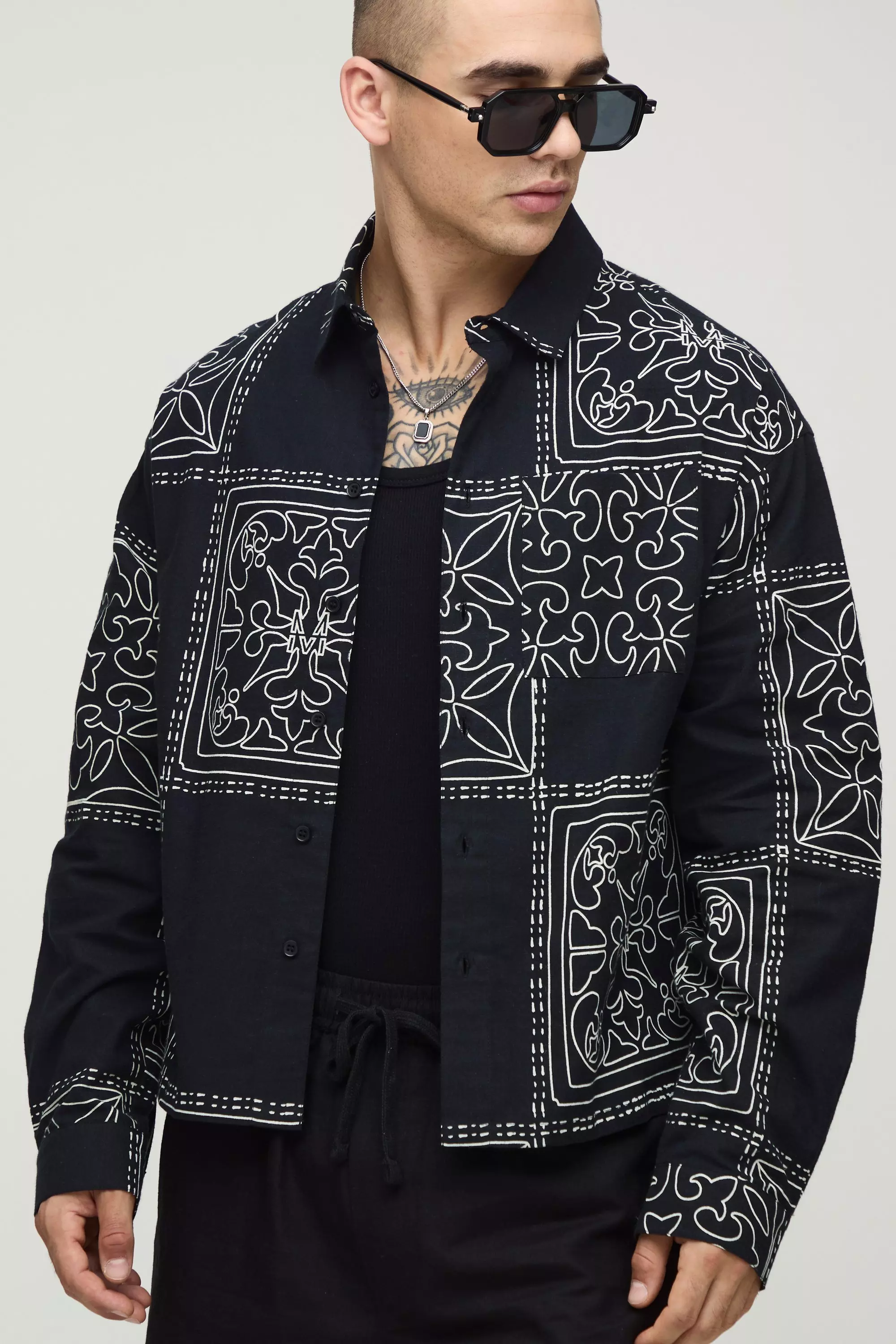 Black Oversized Boxy Linen Look Printed Collared Shirt alternative image