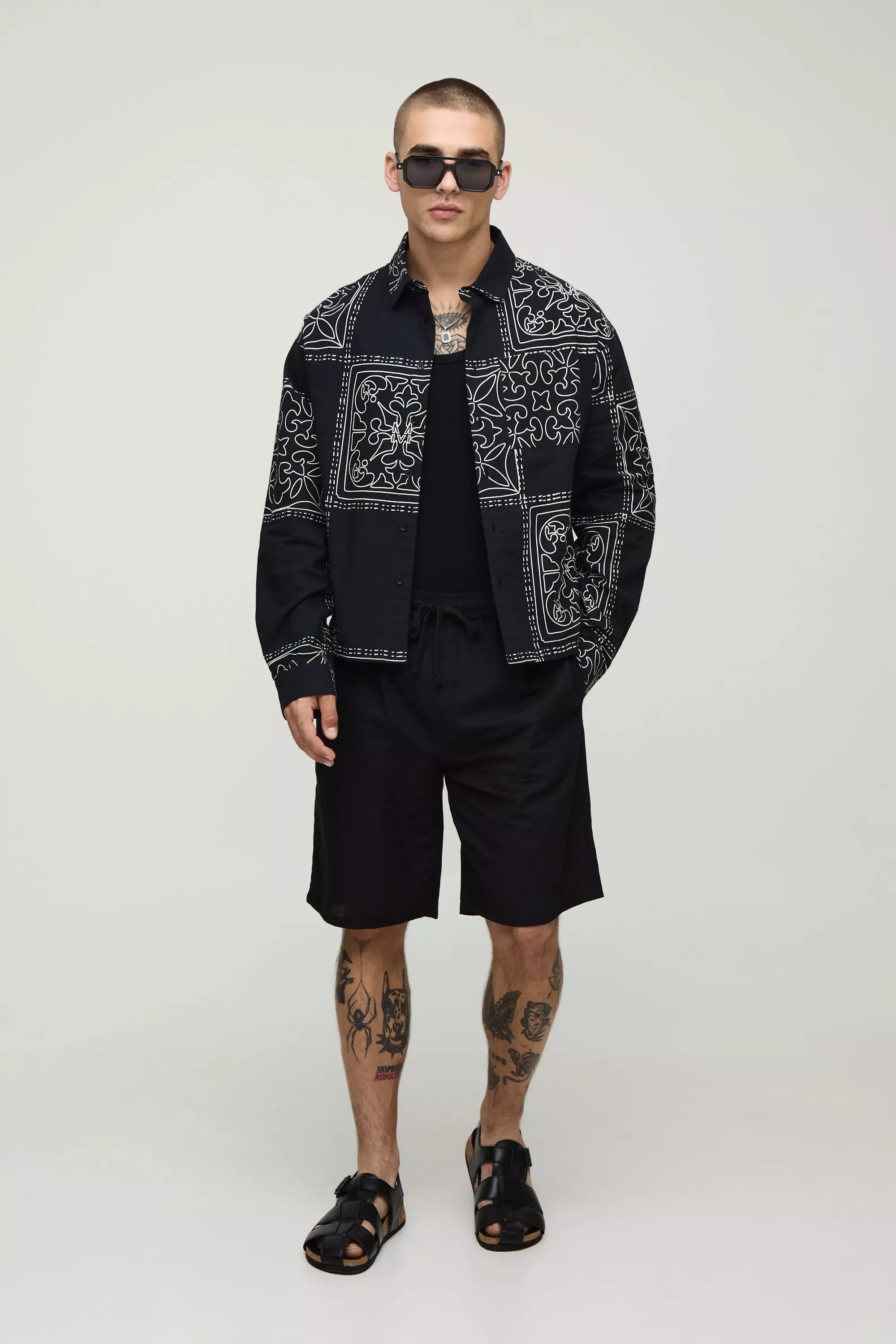 Black Oversized Boxy Linen Look Printed Collared Shirt alternative image