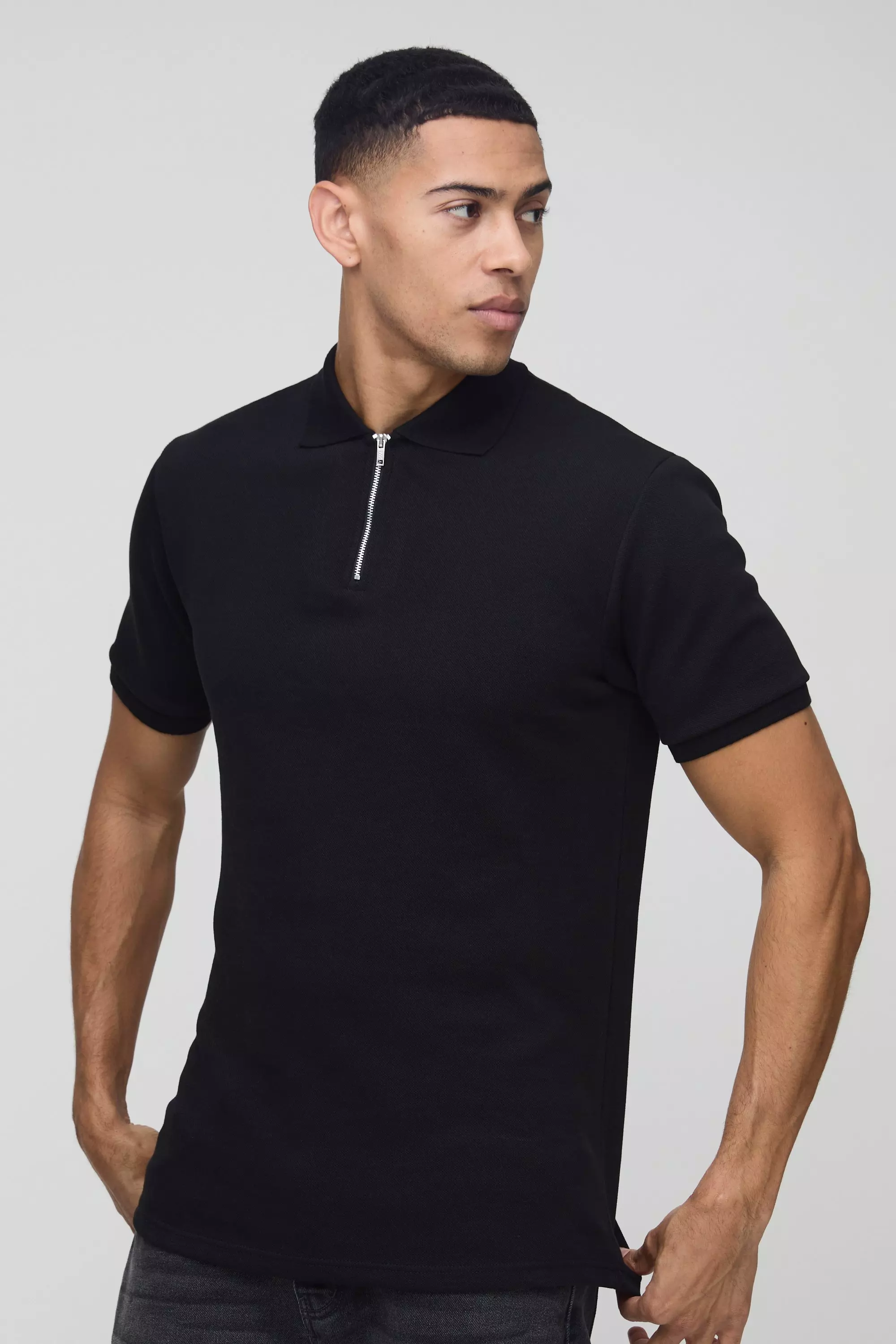 Polo cintré zippé à surpiqûres, Black autre image