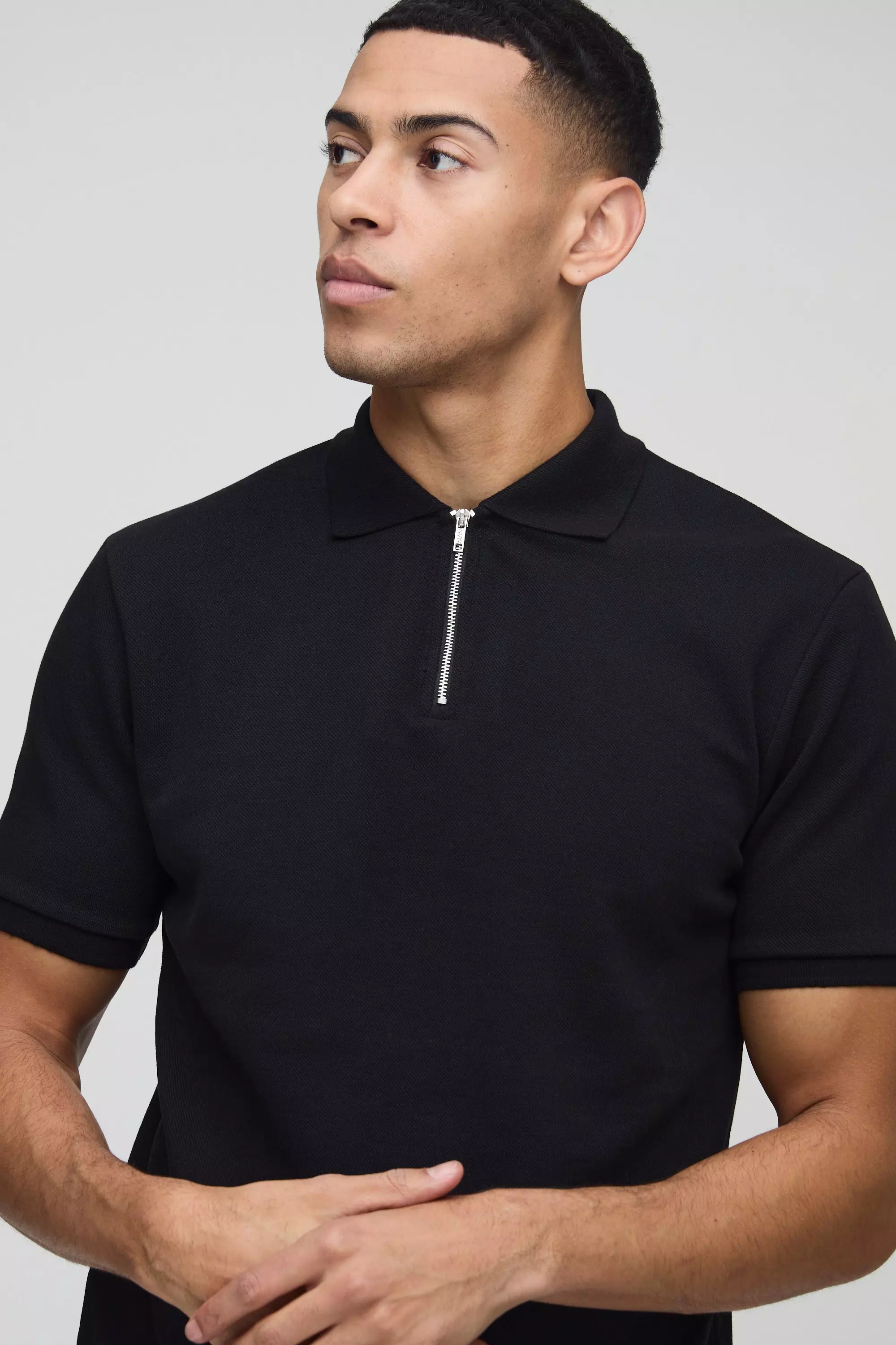 Polo cintré zippé à surpiqûres, Black autre image