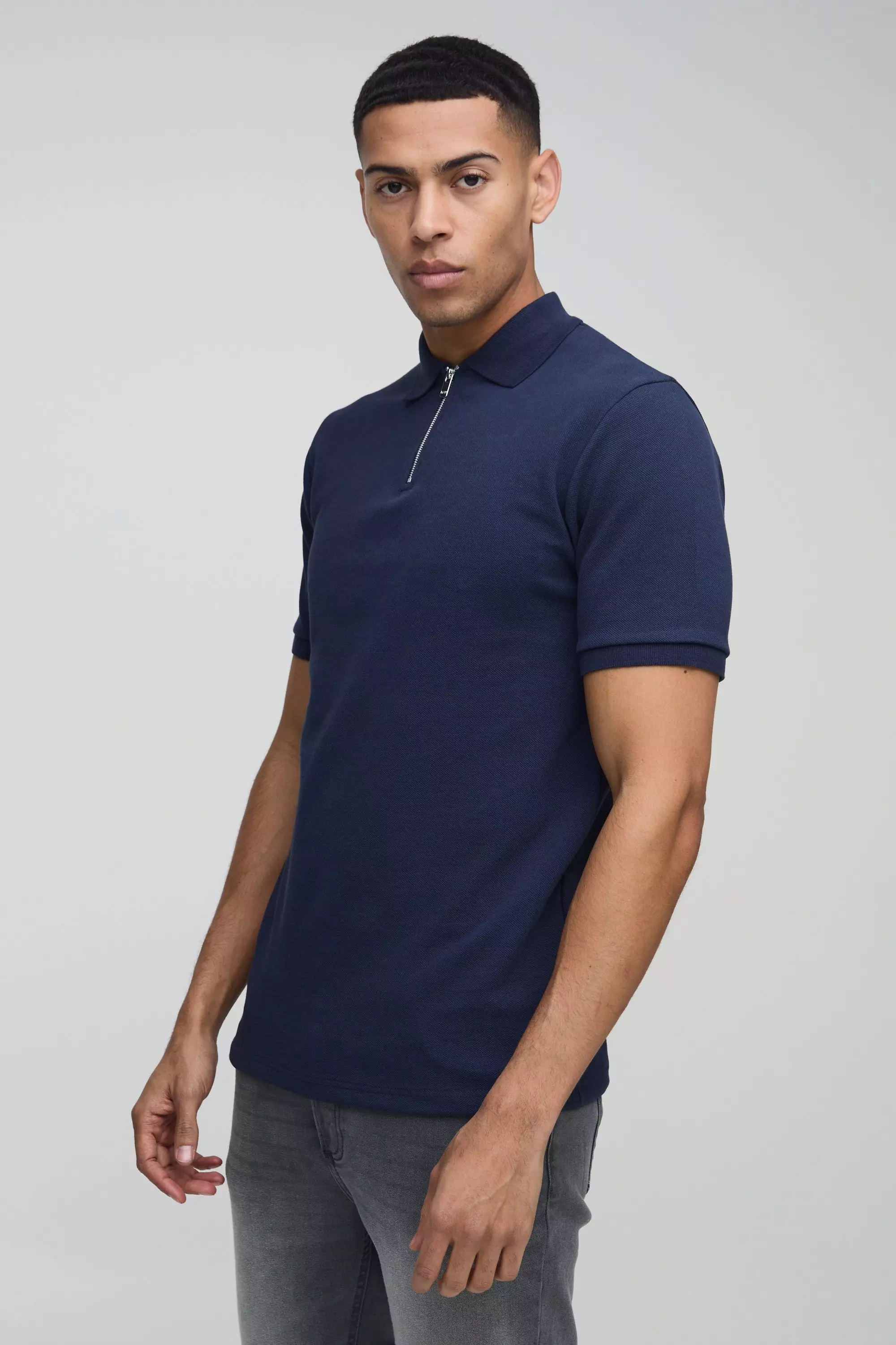 Navy Slim Fit Smart Pique Interlock Zip Polo Shirt alternative image