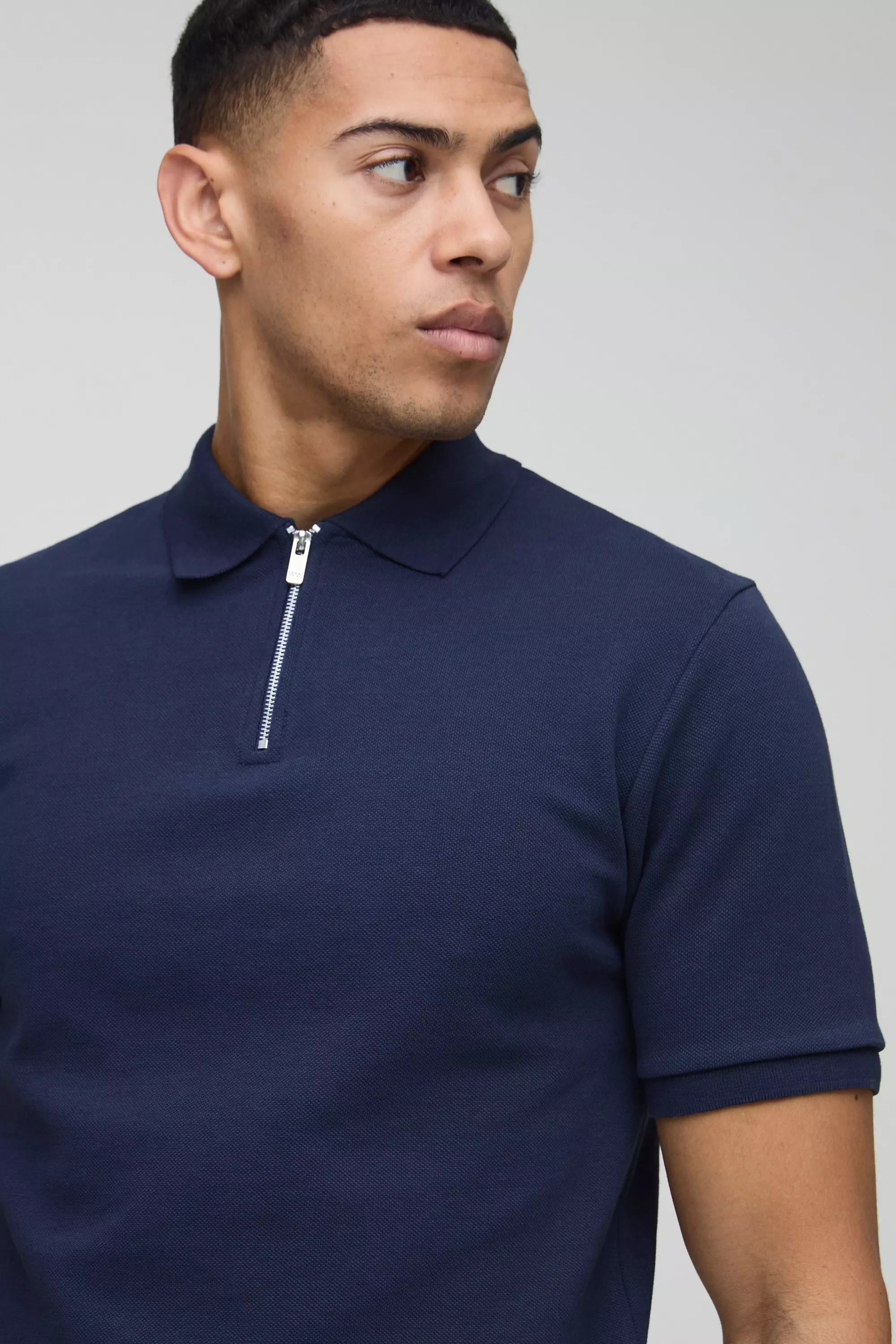 Navy Slim Fit Smart Pique Interlock Zip Polo Shirt alternative image