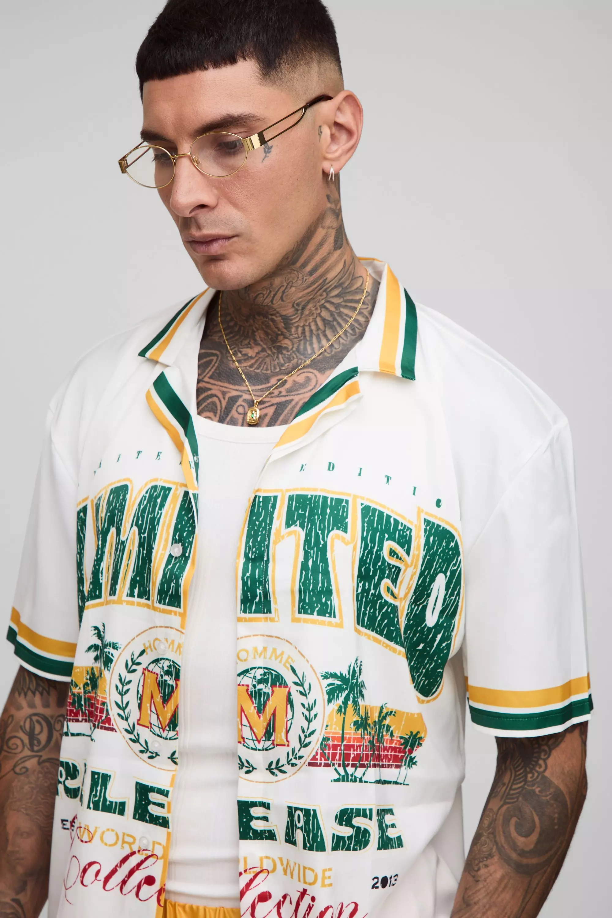Tall Oversized Limited Slogan Satin Printed Shirt & Short Set | boohooMAN USA