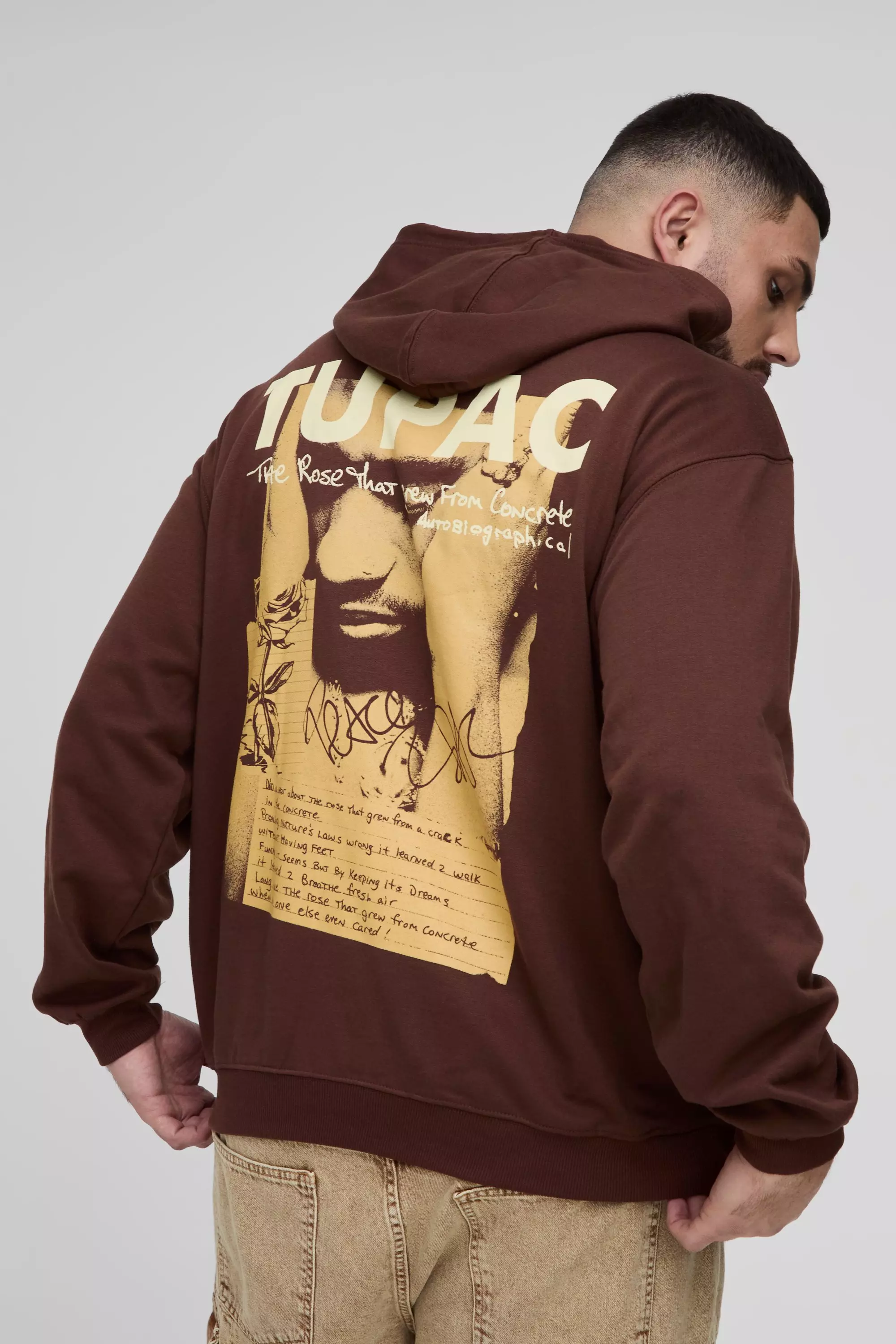 Plus Oversized Tupac Wash License Print Hoodie Chocolate