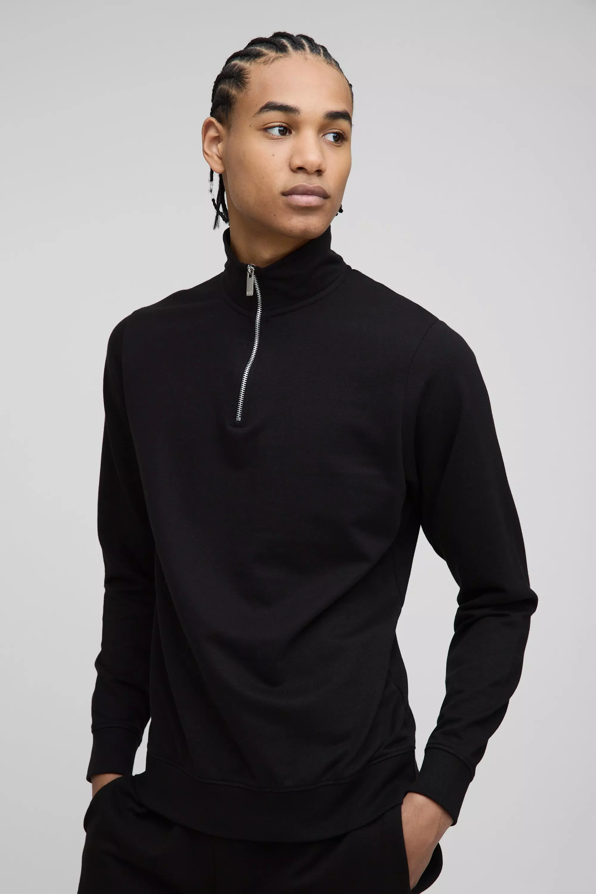 Black 260GSM Loopback Basic Slim Fit Funnel Neck Sweatshirt alternative image