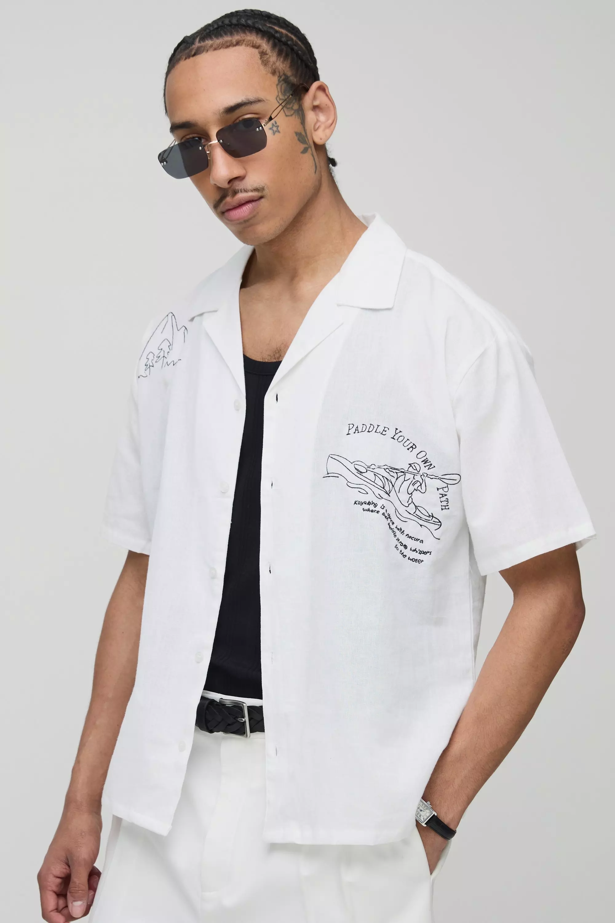 Camicia oversize effetto lino con ricami, White immagine alternativa