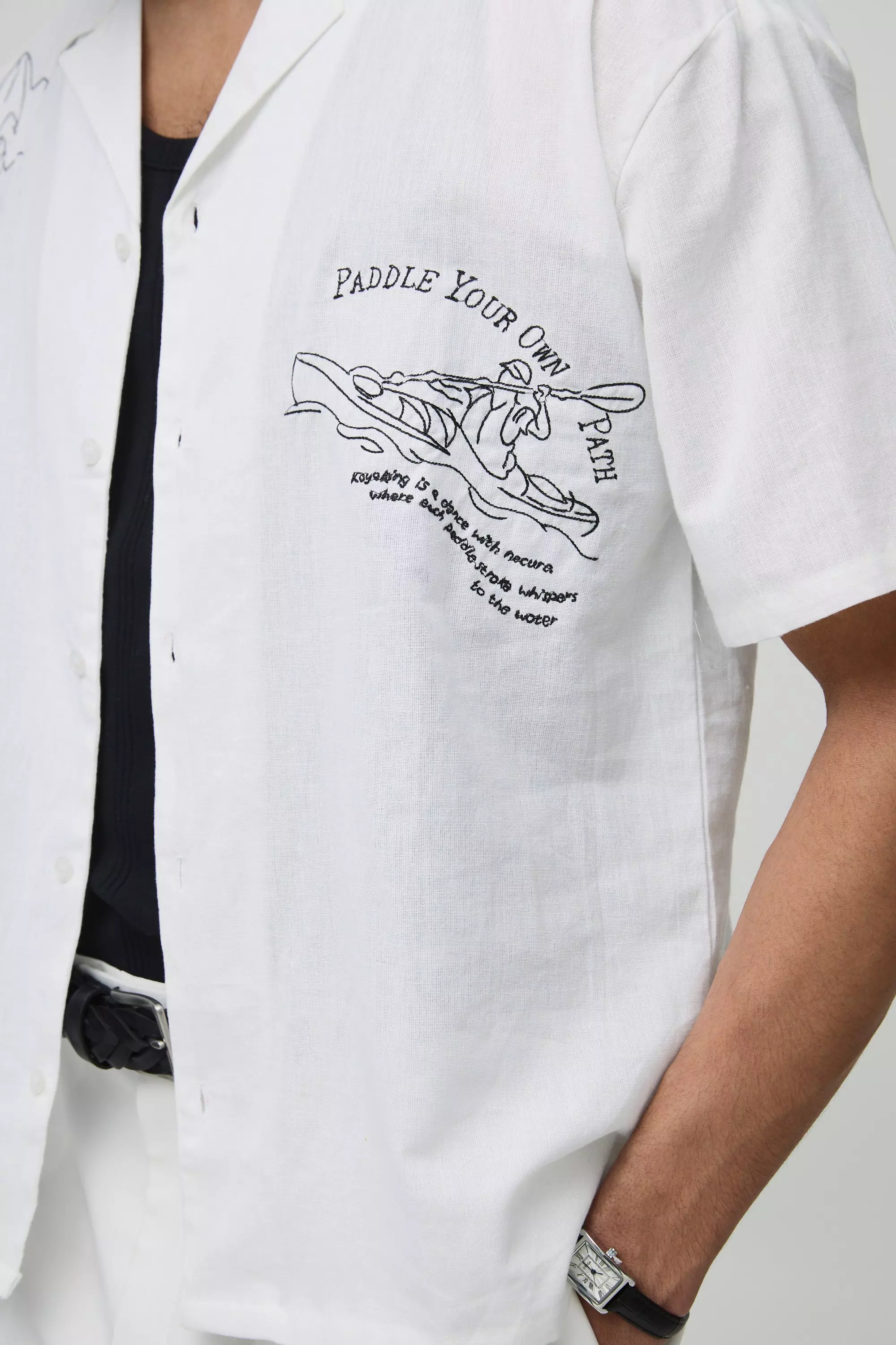 Camicia oversize effetto lino con ricami, White immagine alternativa