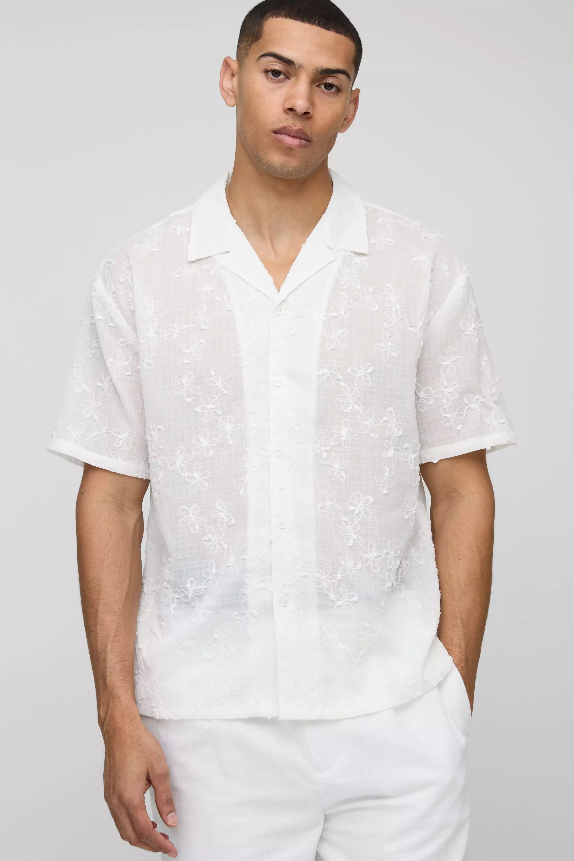 Oversized Floral Embroidered Shirt White