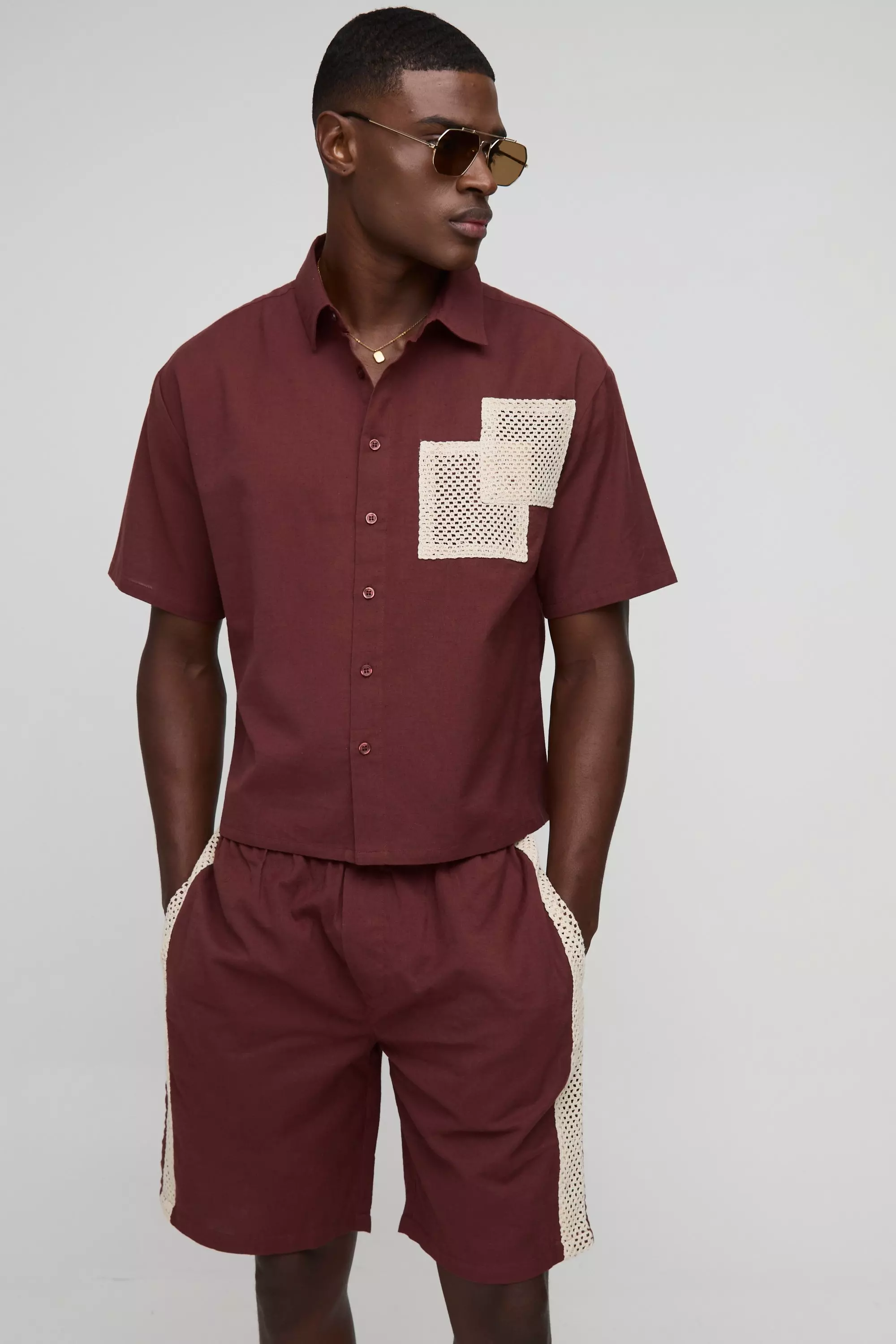 Oversized Boxy Linen Look Open Weave Pocket Shirt & Relaxed Panel Short | boohooMAN USA