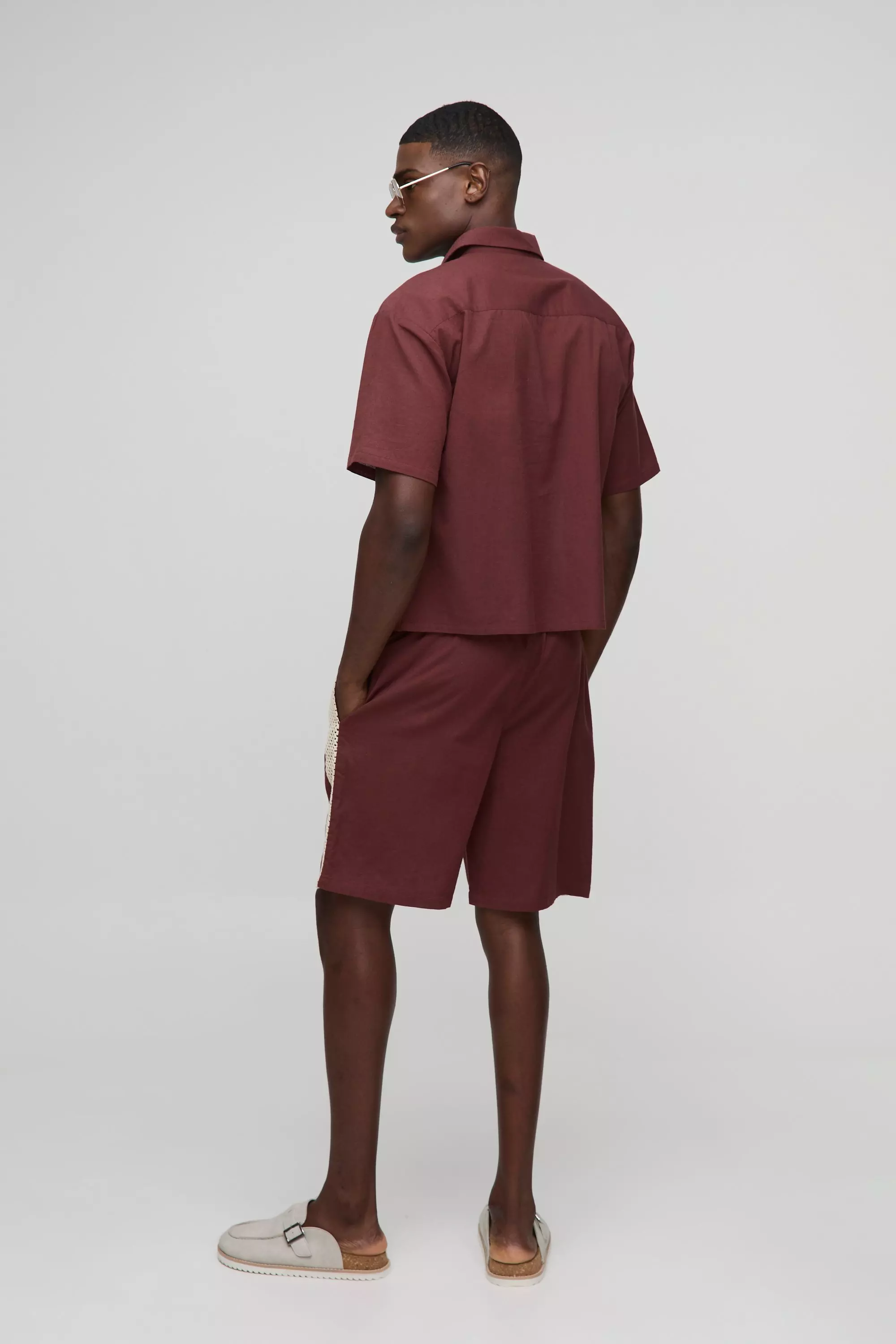 Oversized Boxy Linen Look Open Weave Pocket Shirt & Relaxed Panel Short | boohooMAN USA