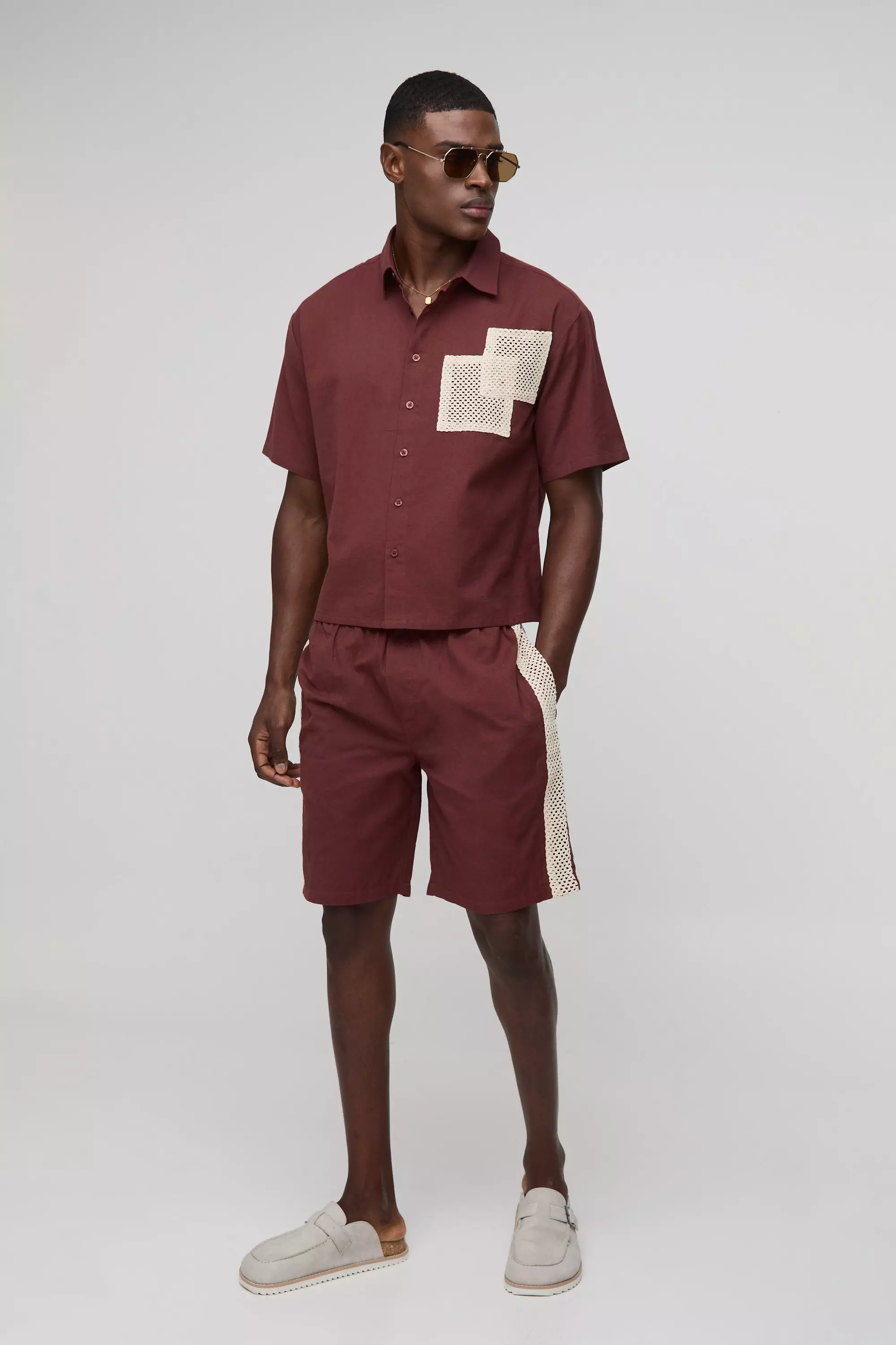 Oversized Boxy Linen Look Open Weave Pocket Shirt & Relaxed Panel Short | boohooMAN USA