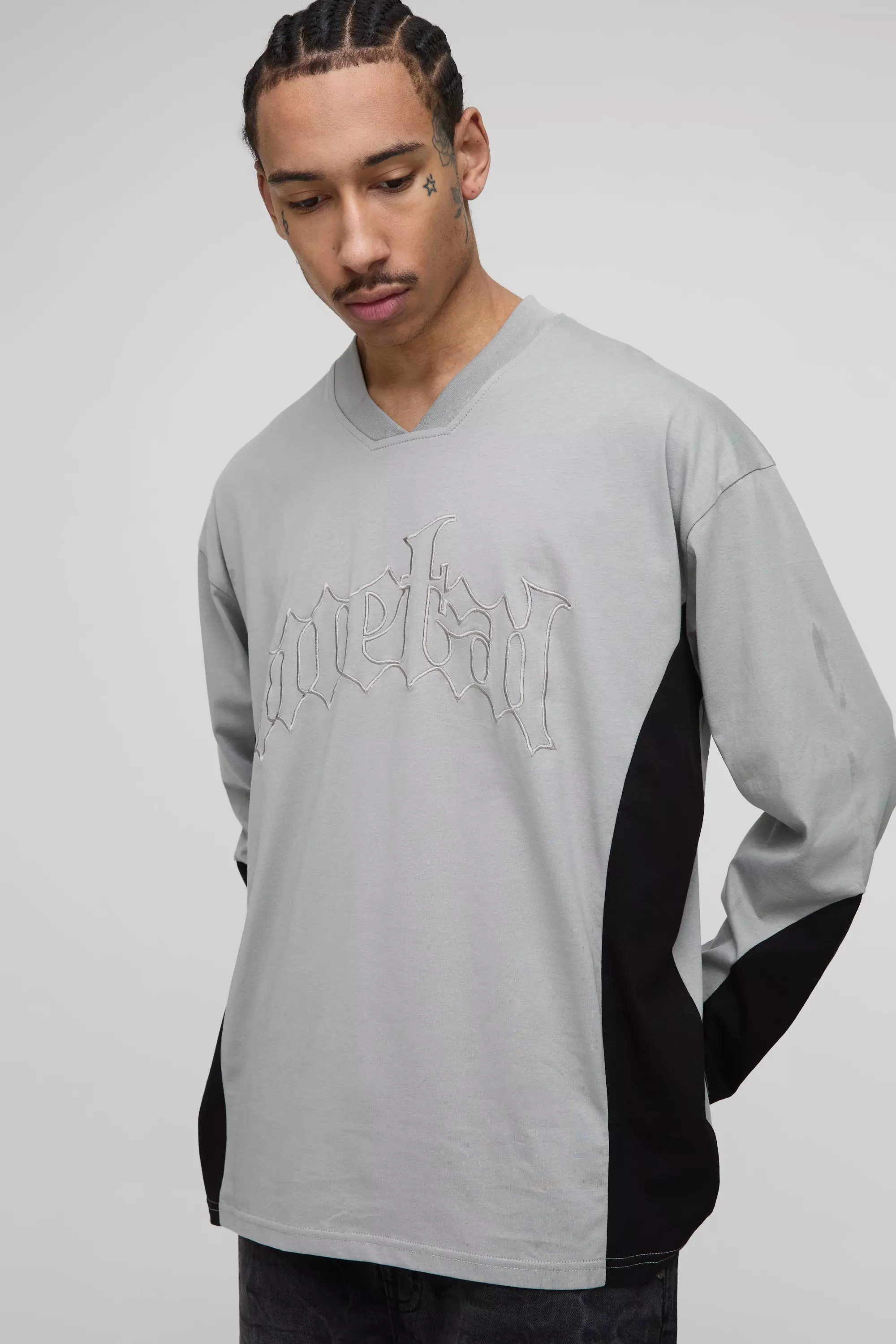 Grey Oversized Long Sleeve Embroidered T-Shirt alternative image