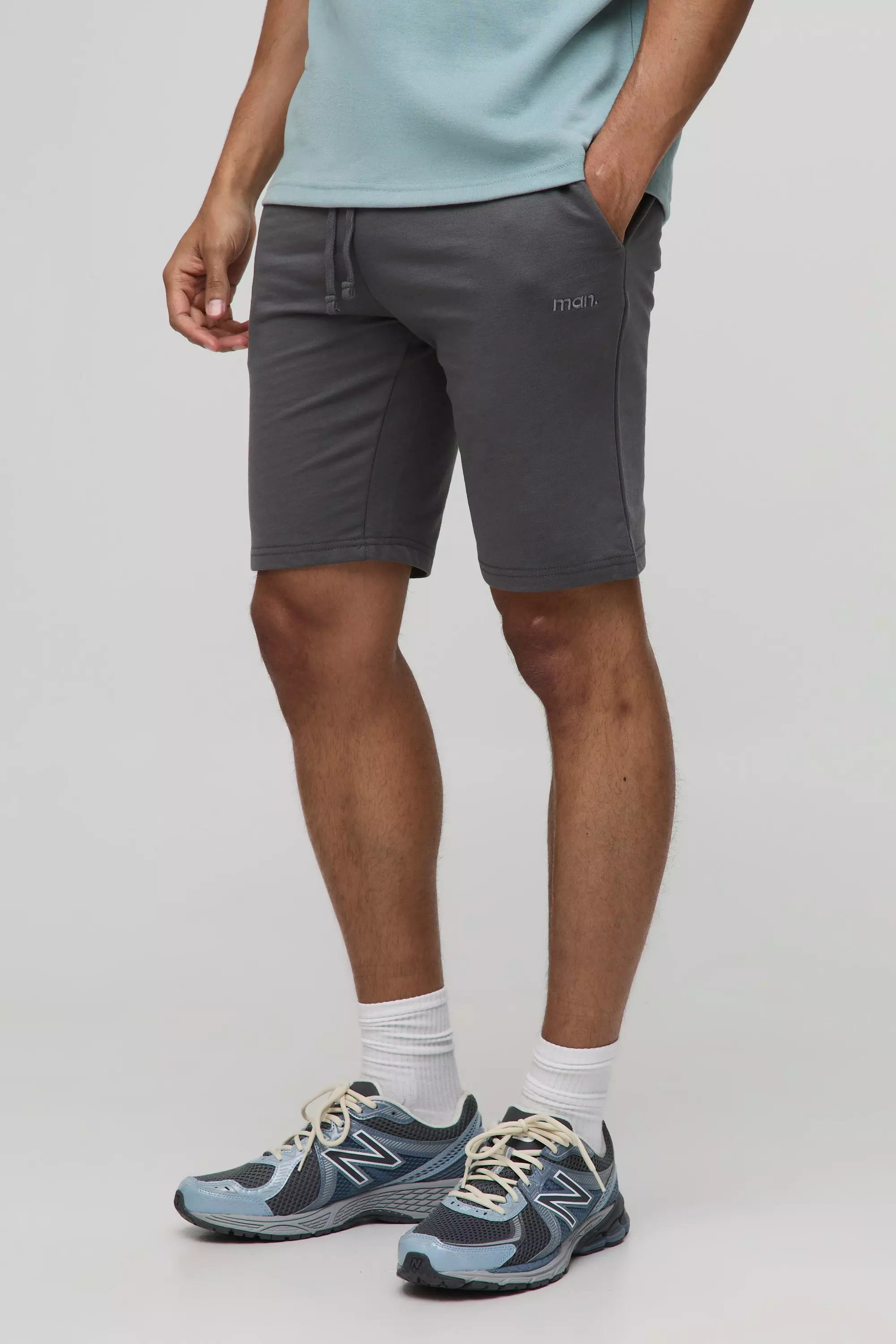 260GSM Loopback Basic MAN. Slim Fit Mid Length Shorts | boohooMAN USA