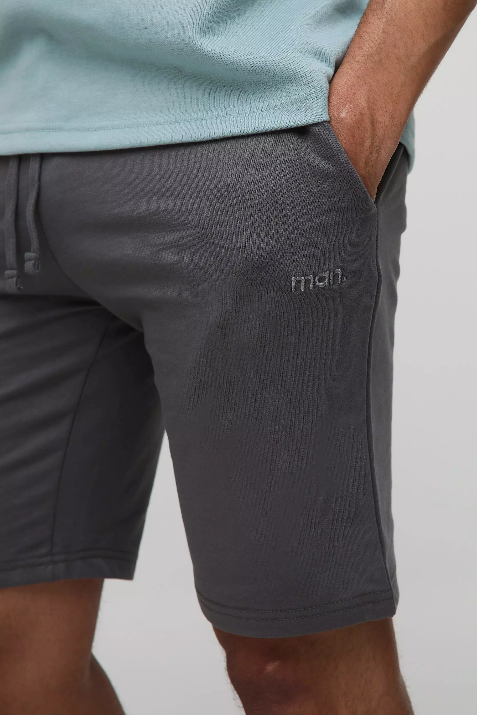 260GSM Loopback Basic MAN. Slim Fit Mid Length Shorts | boohooMAN USA