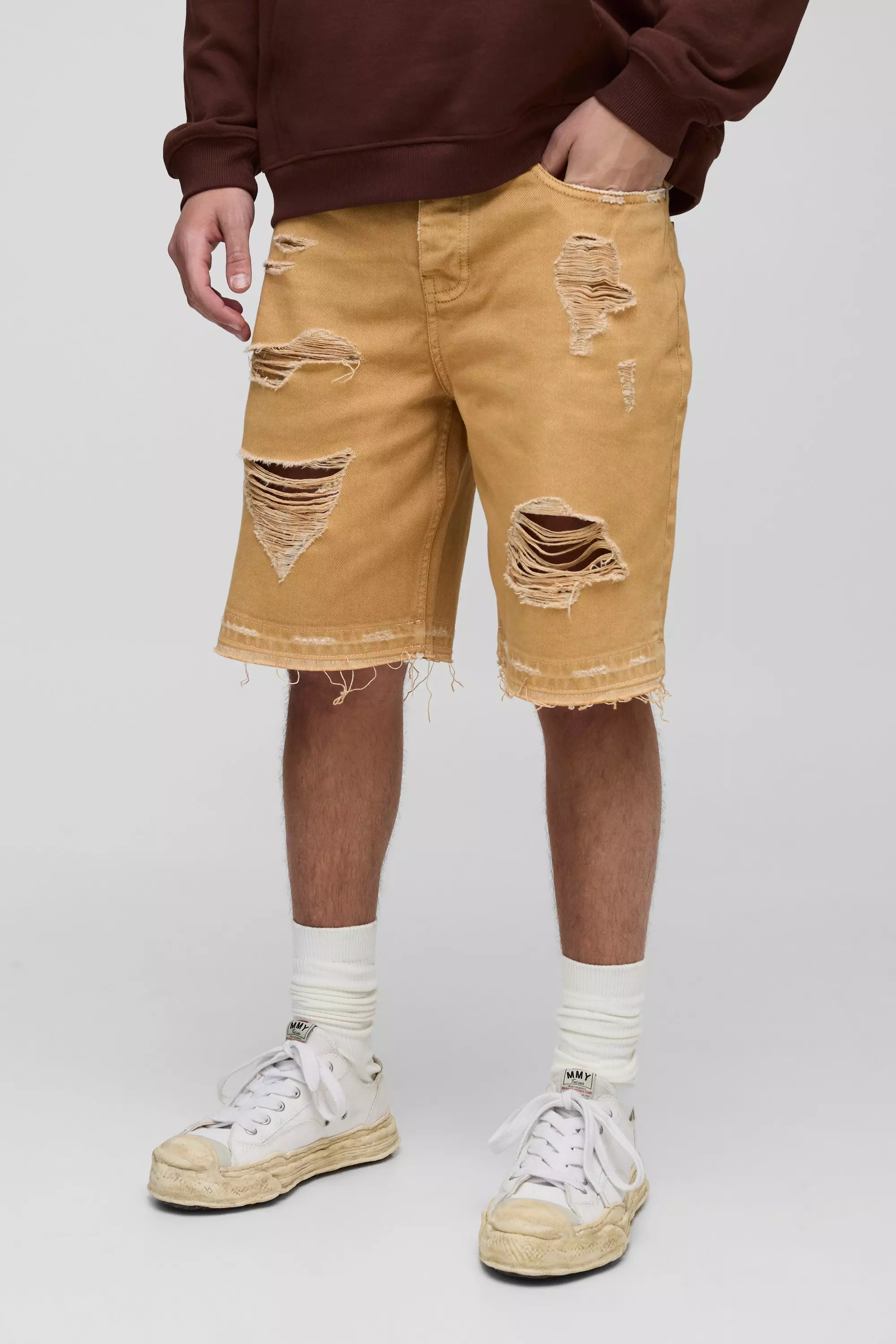 Relaxed Fit Ripped Overdye Denim Shorts Tan