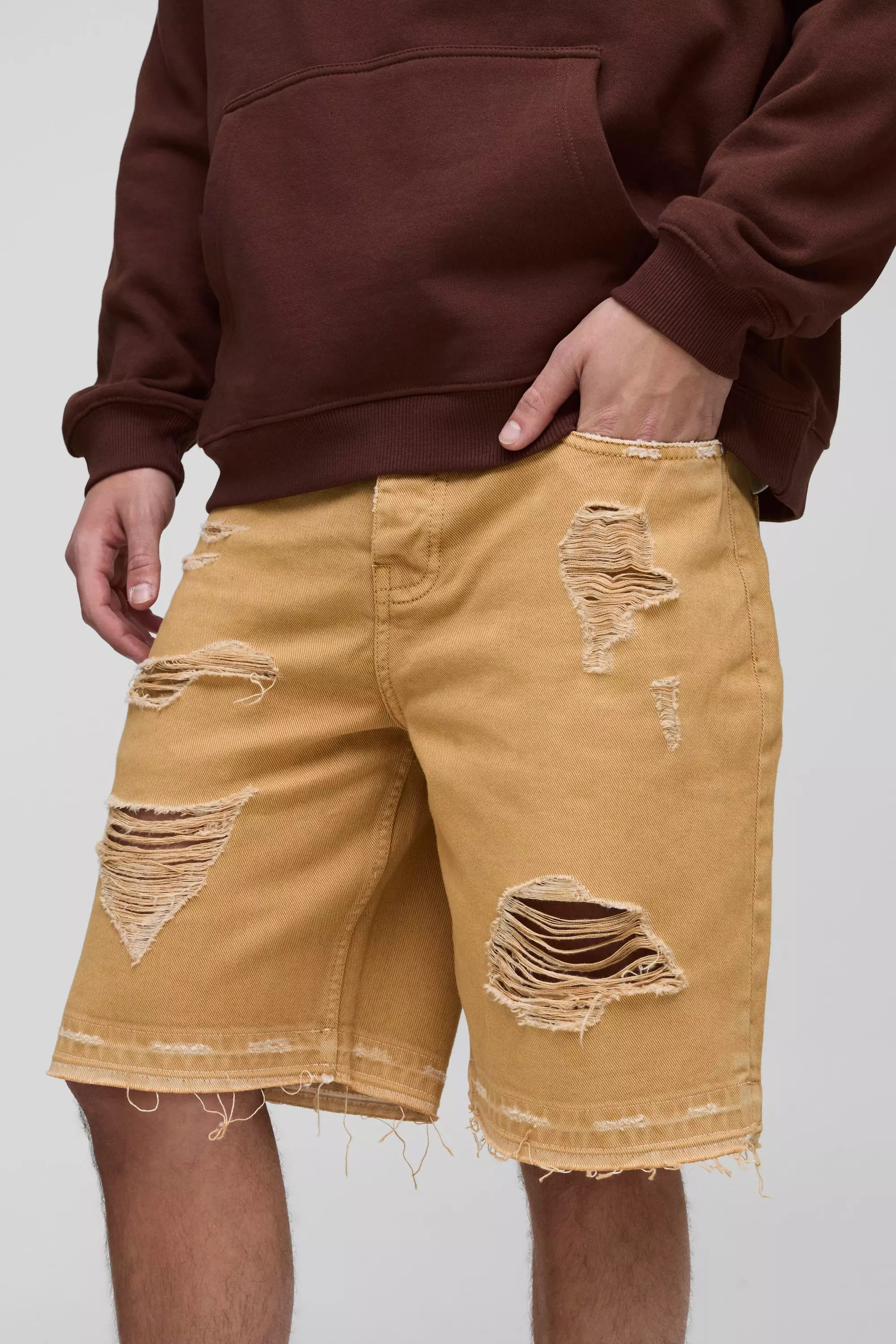 Relaxed Fit Ripped Overdye Jean Shorts | boohooMAN USA