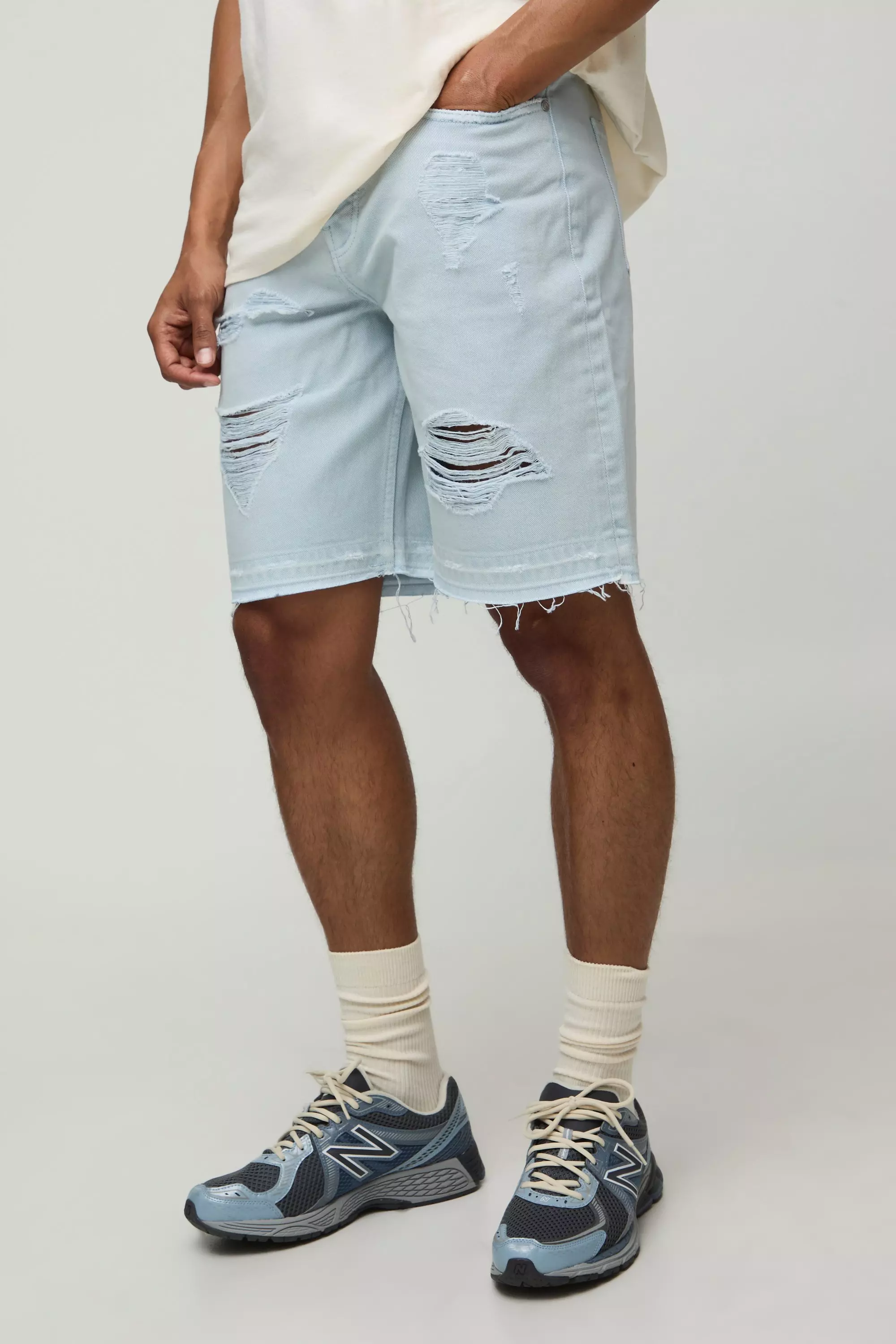 Relaxed Fit Ripped Overdye Denim Shorts Light blue