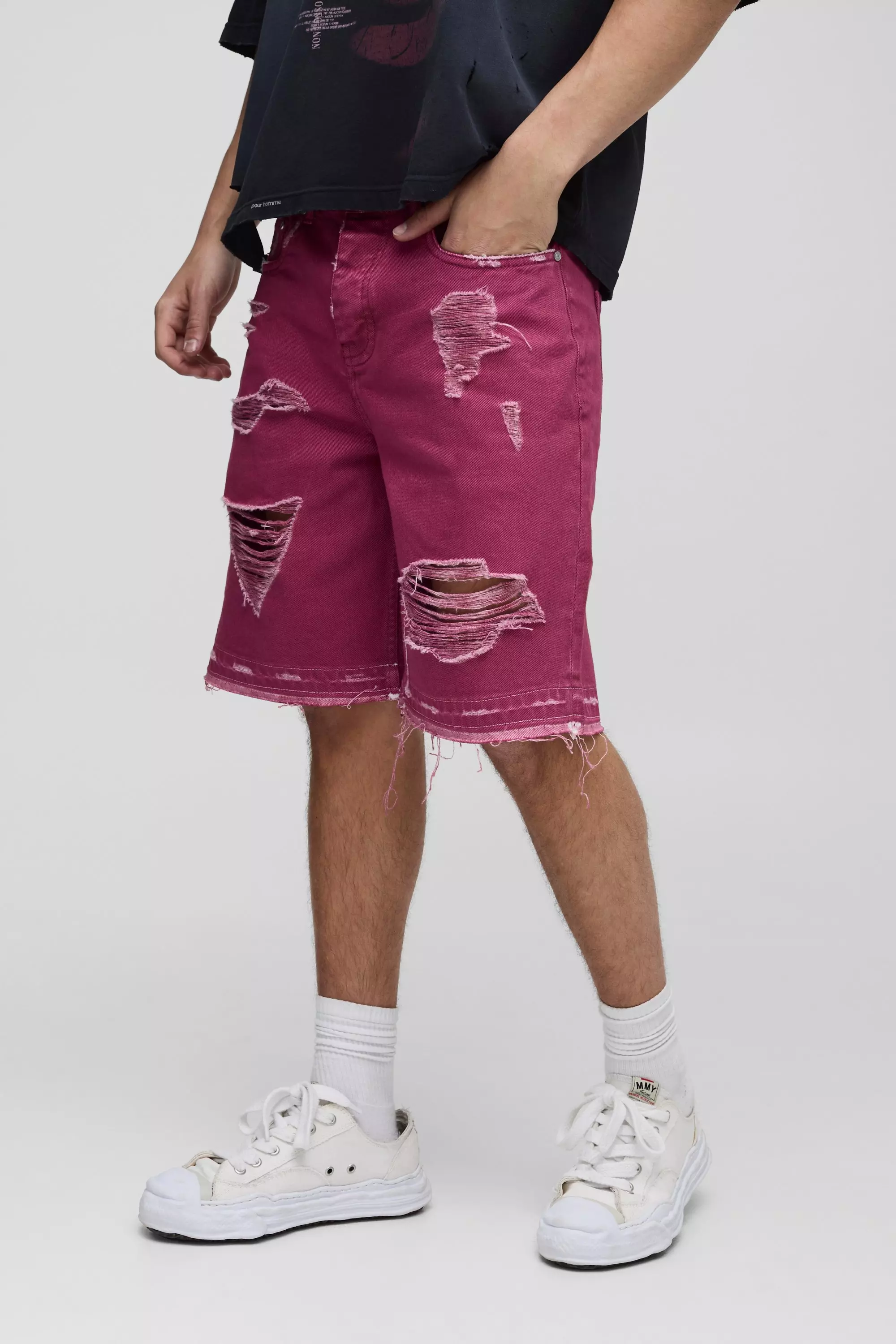 Relaxed Fit Ripped Overdye Jean Shorts dark pink
