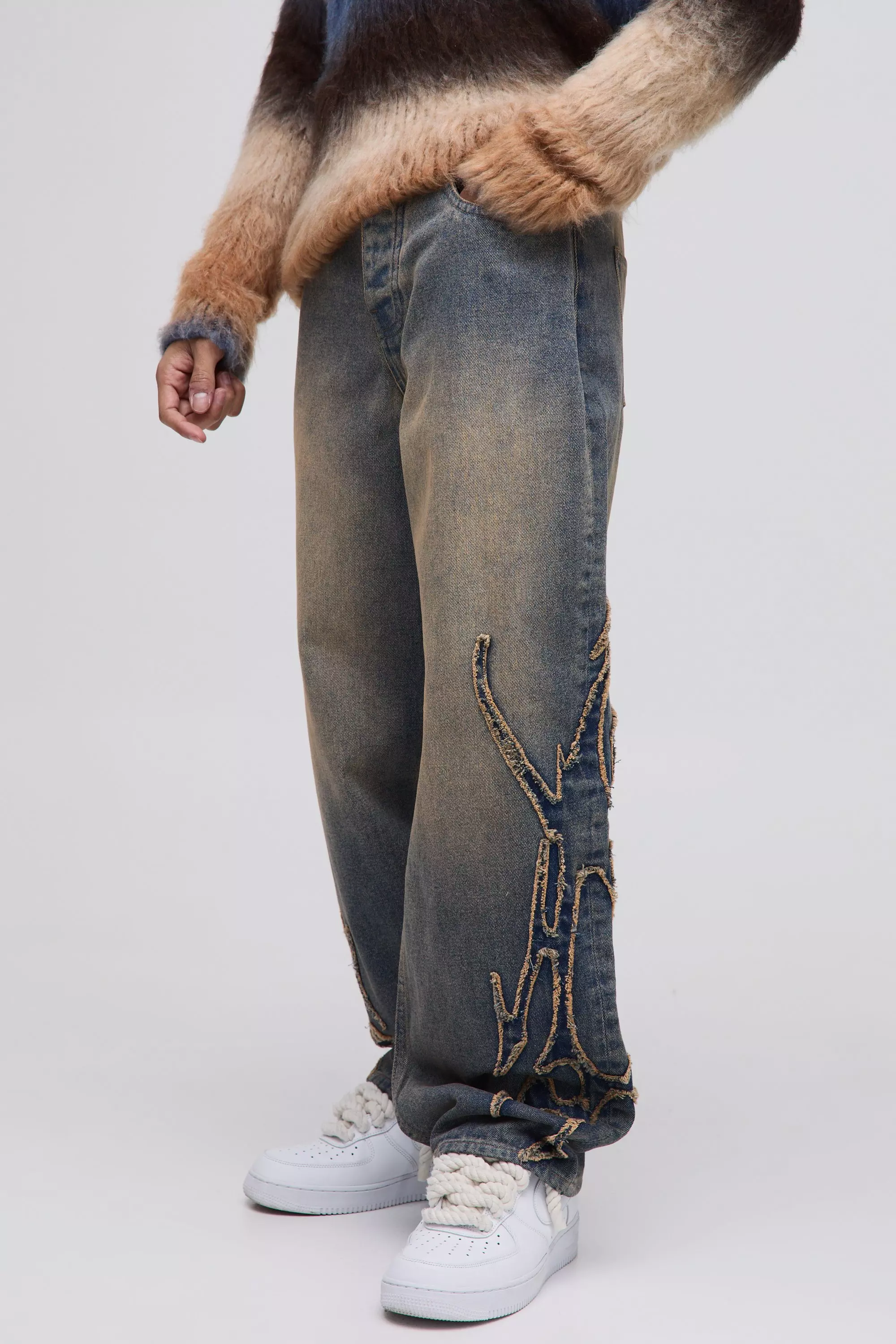Relaxed Fit Stone Washed Tribal Applique Jeans stonewash