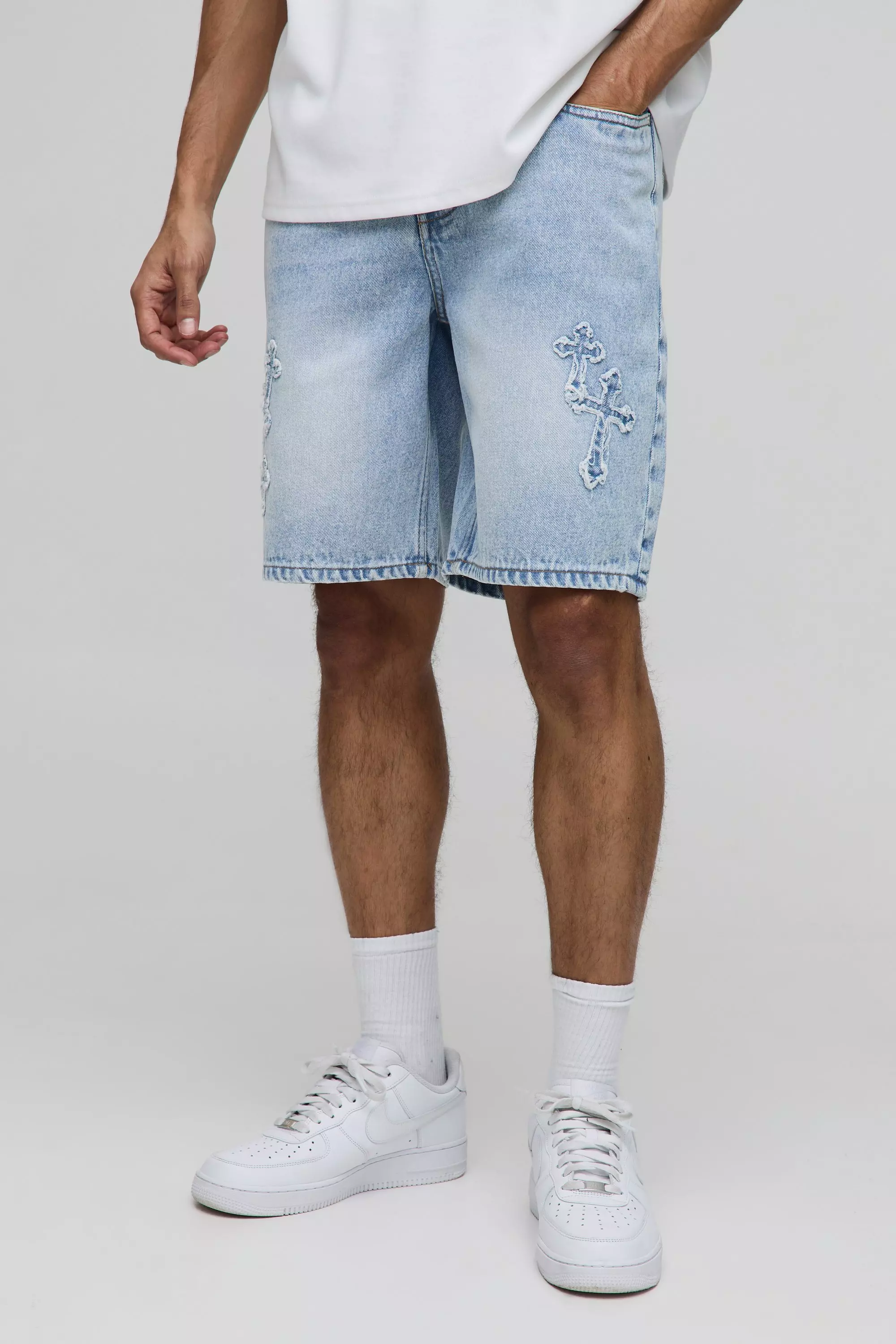 Relaxed Stone Washed Blue Cross Applique Denim Shorts stonewash