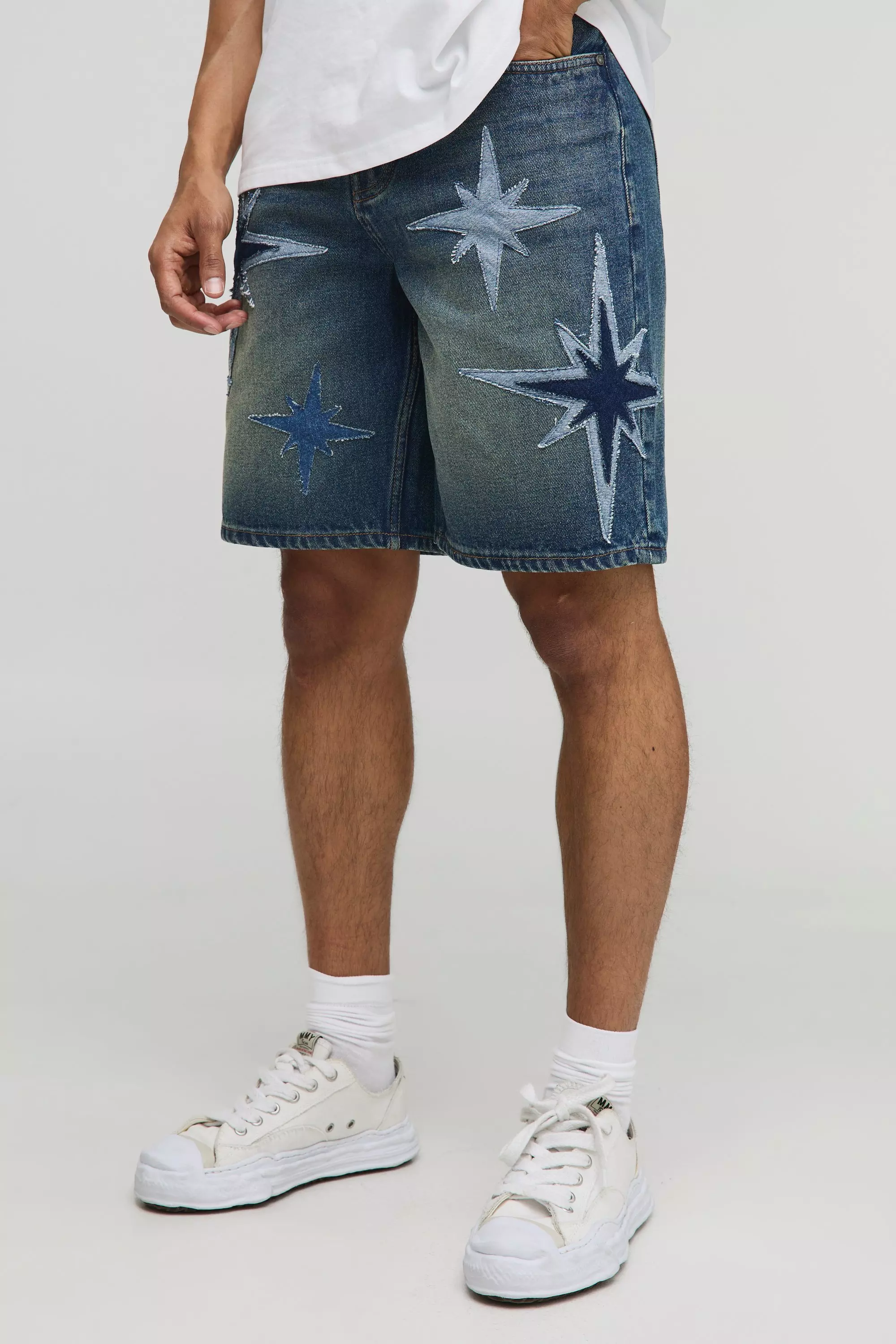 Relaxed Vintage Blue Star Applique Denim Shorts Vintage blue