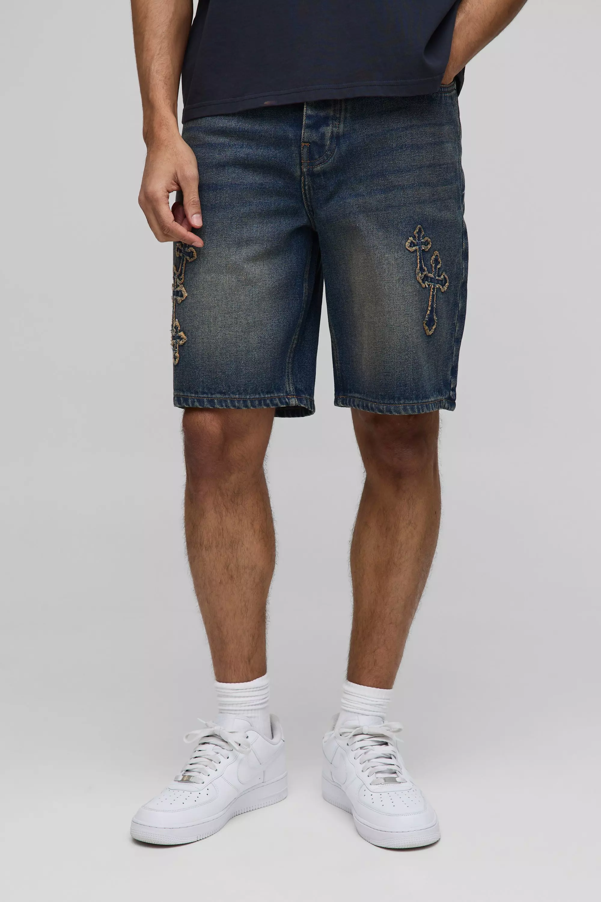 Relaxed Vintage Blue Cross Applique Jean Shorts Antique blue