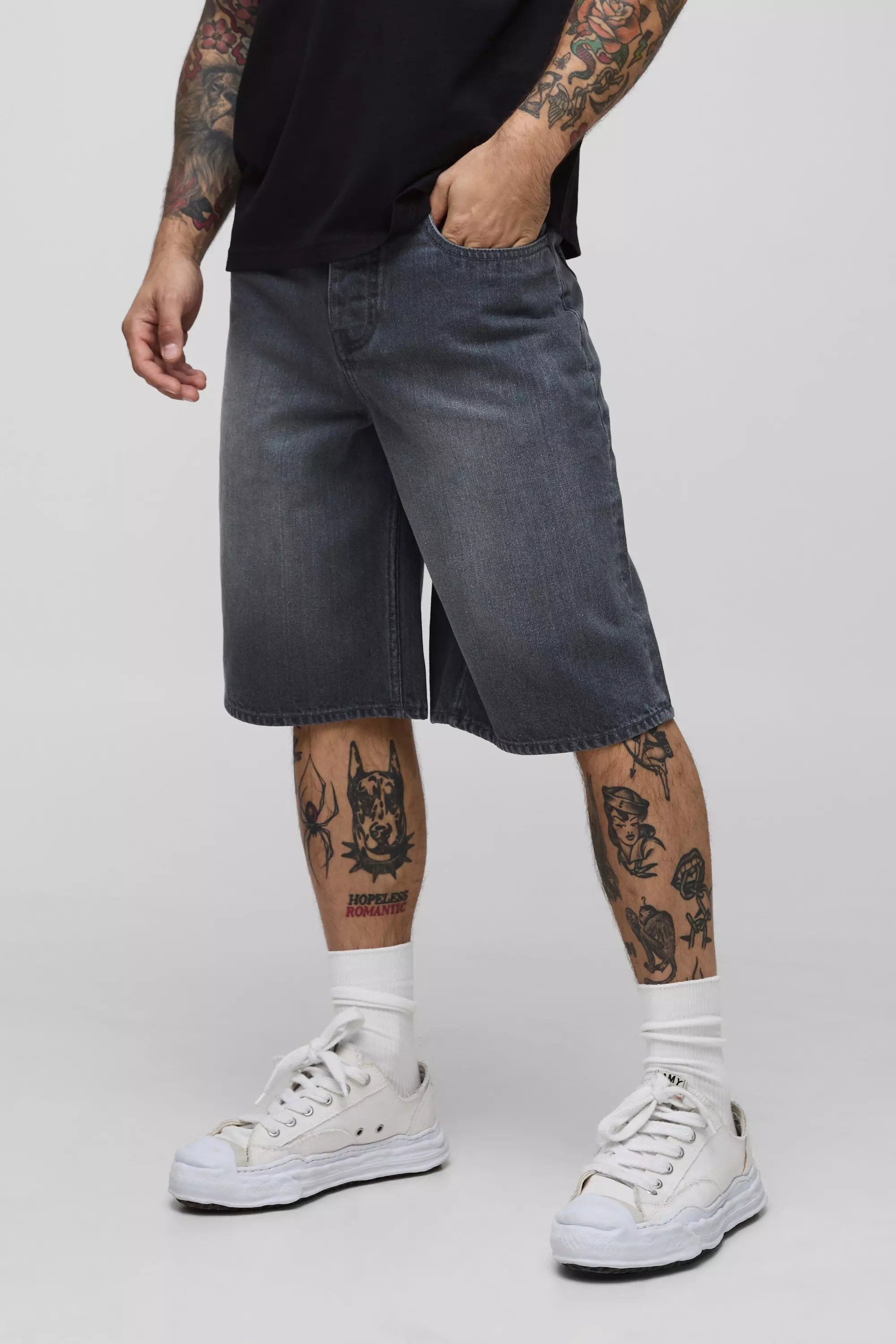 Regular Fit Floral Embroidered Washed Grey Jorts | boohooMAN USA