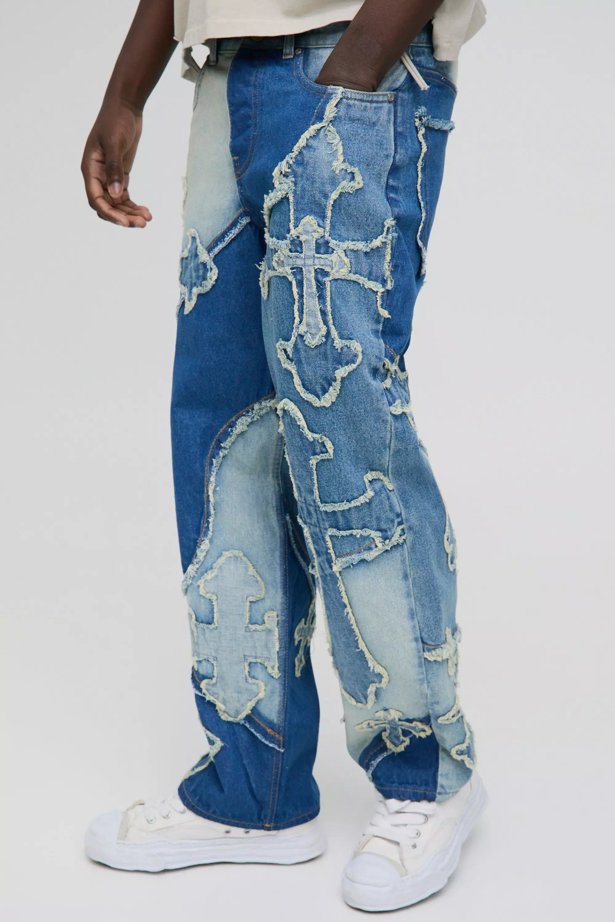 Light Brown Relaxed All Over Cross Applique Jeans