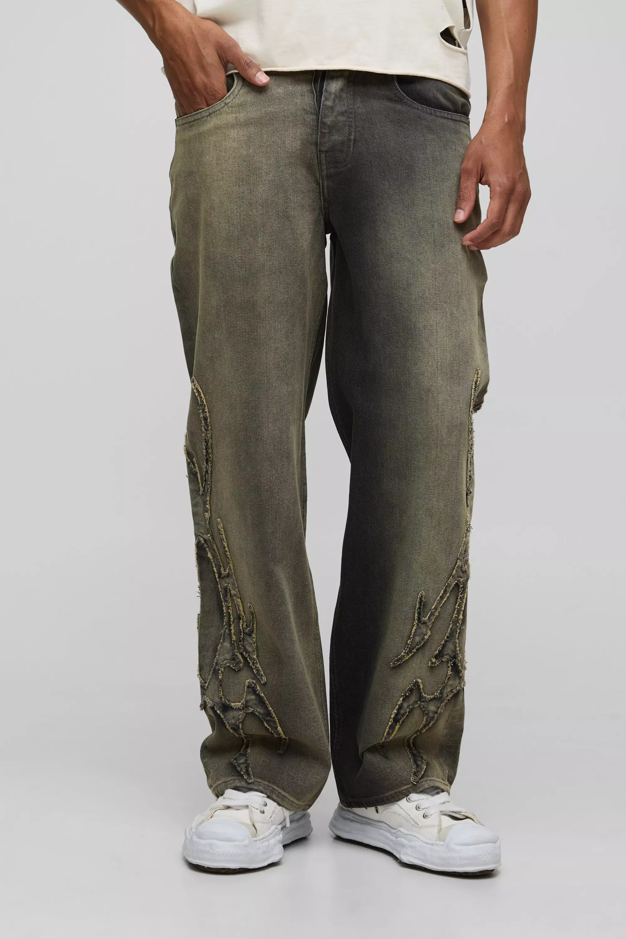 Green Relaxed Fit Green Washed Tribal Applique Jeans