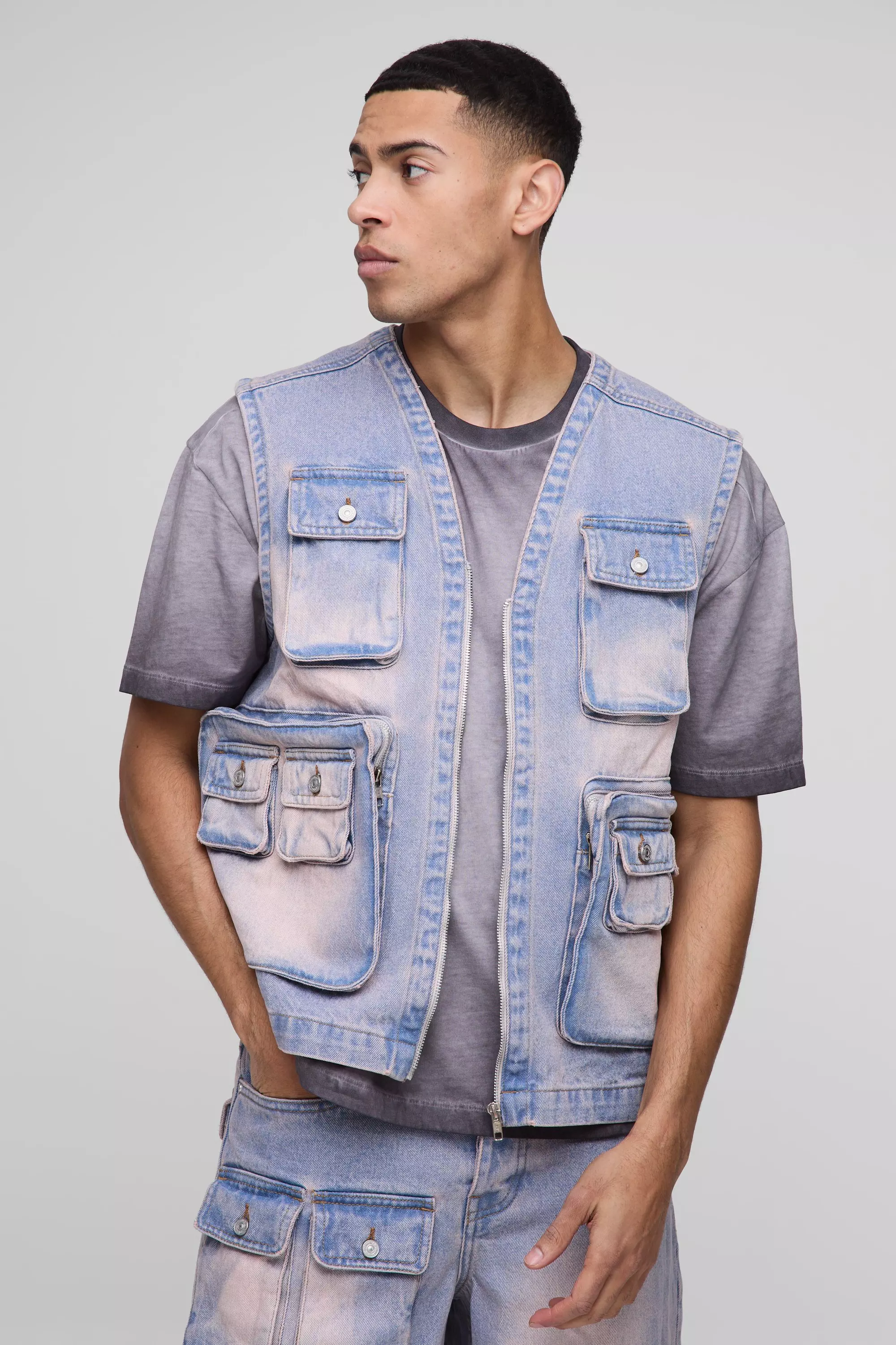 Pink Boxy Utility Pink Washed Denim Vest