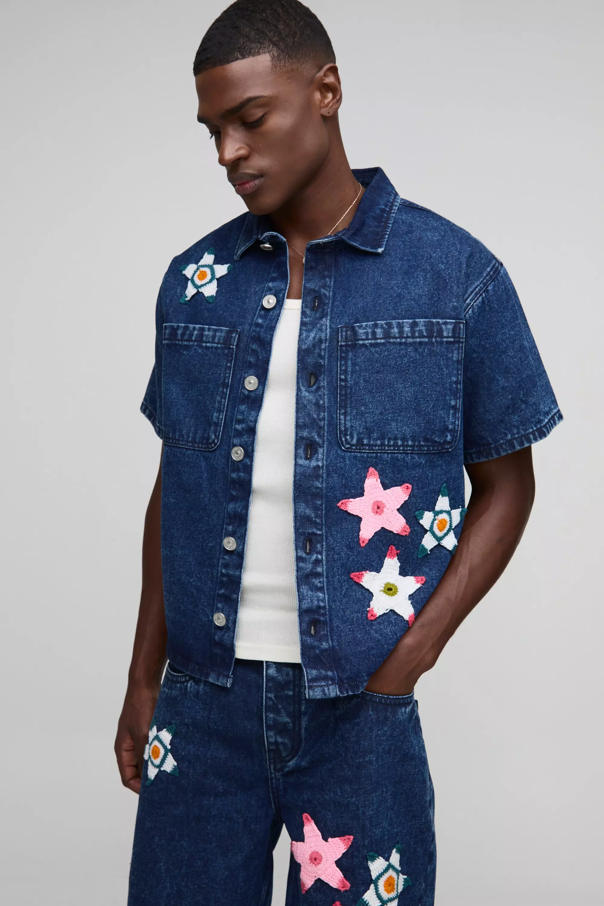 Boxy Revere Star Crochet Applique Denim Shirt Mid blue