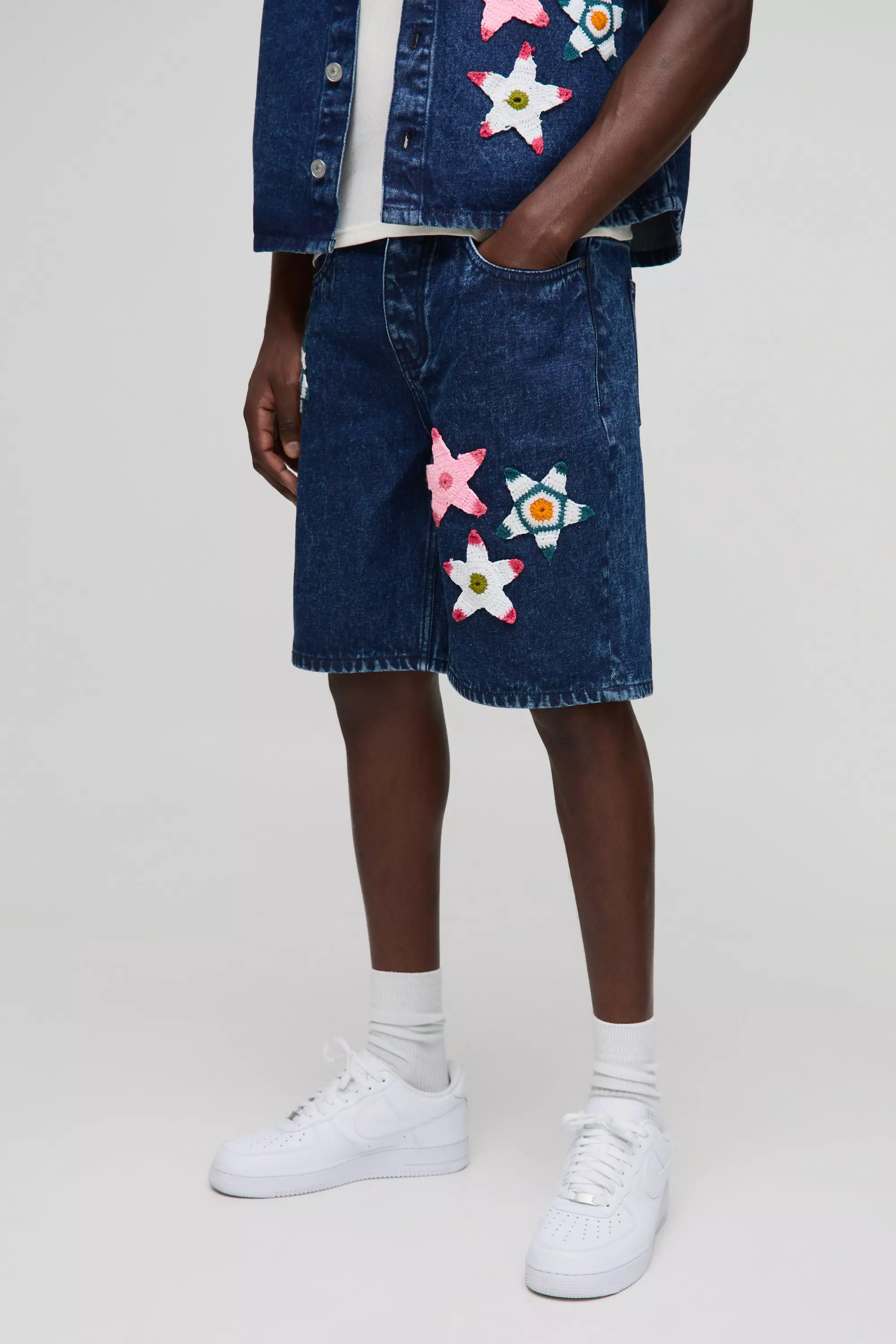 Relaxed Fit Star Crochet Denim Shorts Mid blue