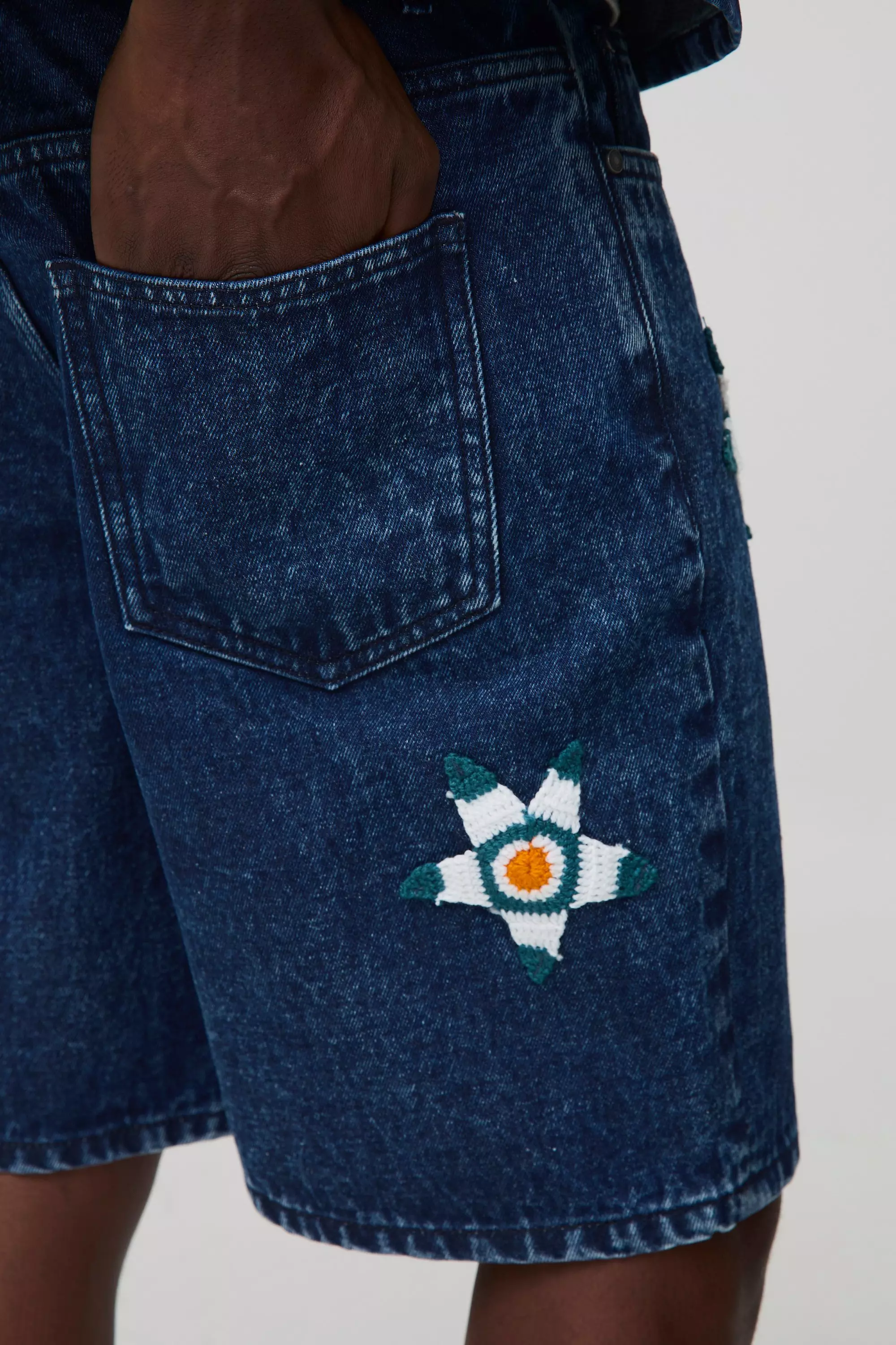 Relaxed Fit Star Crochet Jean Shorts | boohooMAN USA