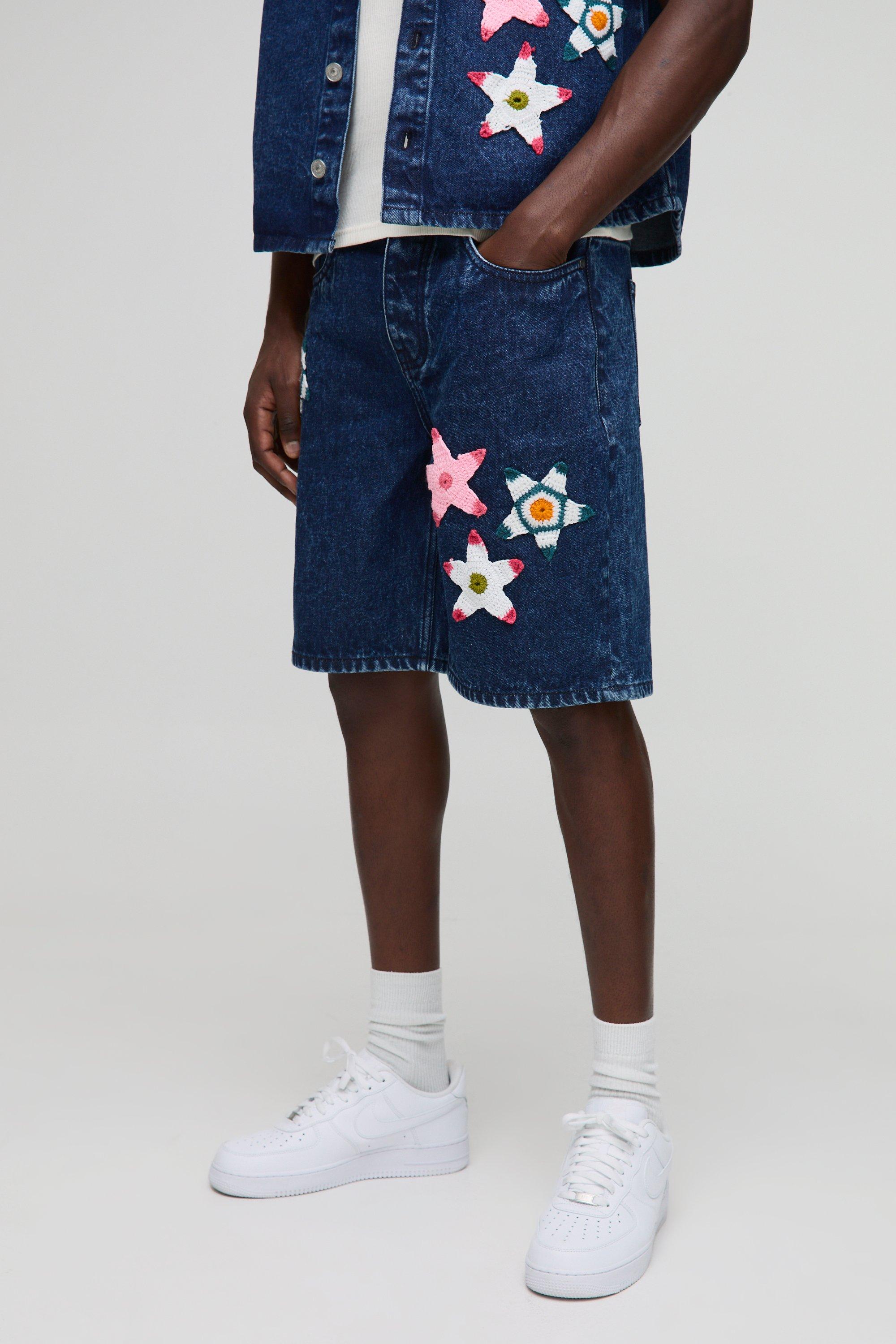 Relaxed Fit Star Crochet Jean Shorts | boohooMAN USA