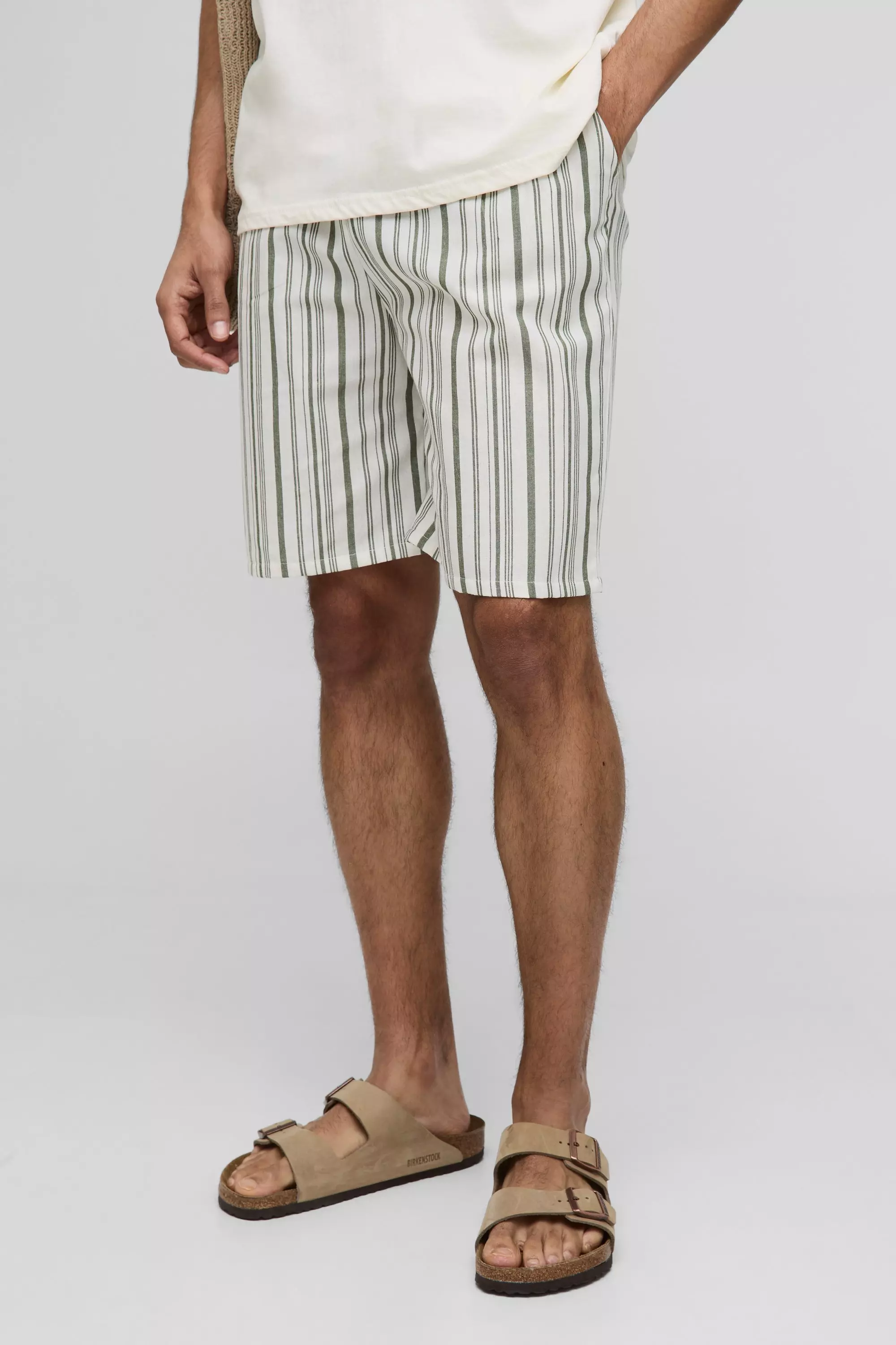 Elasticated Waist Relaxed Short Length Striped Linen Look Shorts | boohooMAN USA