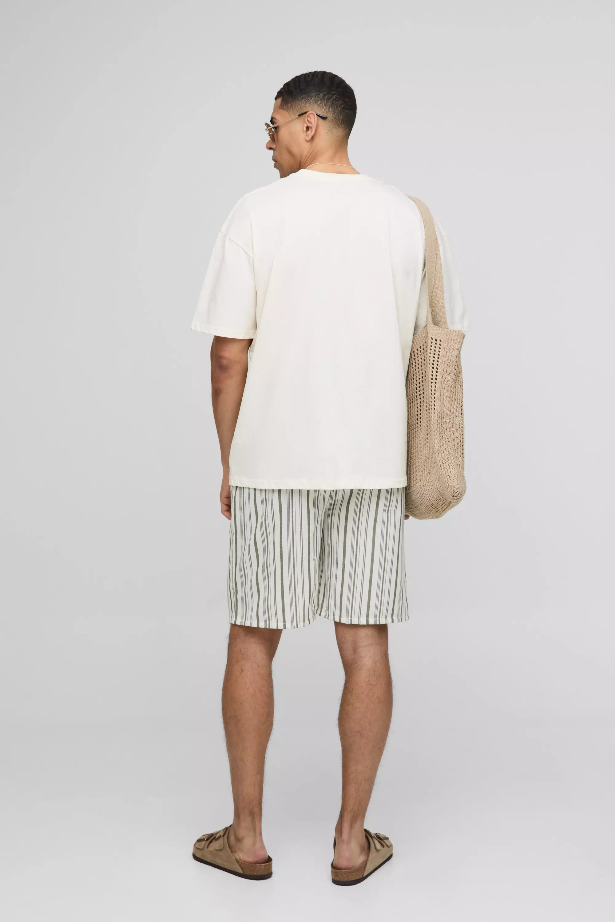 Elasticated Waist Relaxed Short Length Striped Linen Look Shorts | boohooMAN USA
