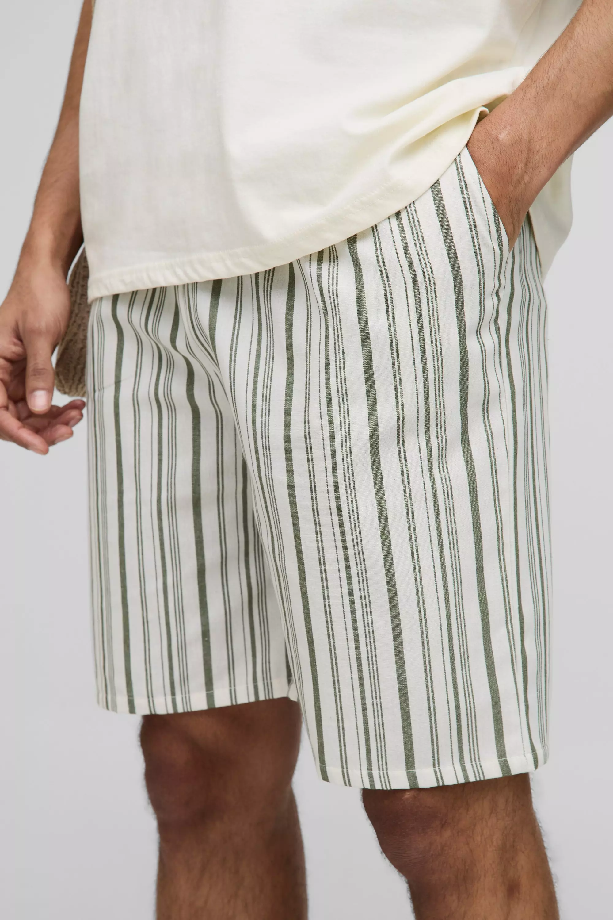 Elasticated Waist Relaxed Short Length Striped Linen Look Shorts | boohooMAN USA