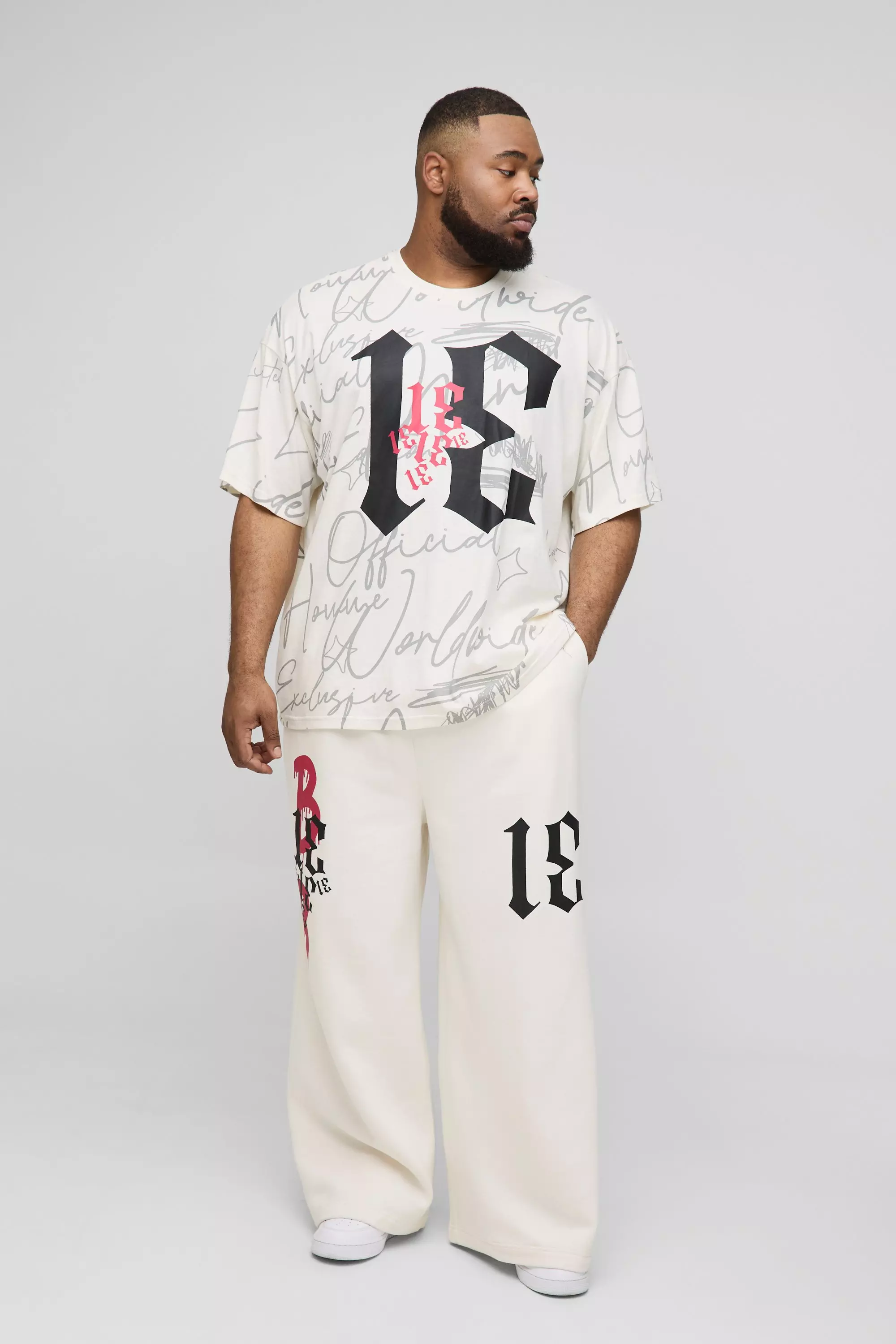 Plus Graffiti Oversized T-Shirt & Wide Leg Sweatpants Tracksuit Charcoal