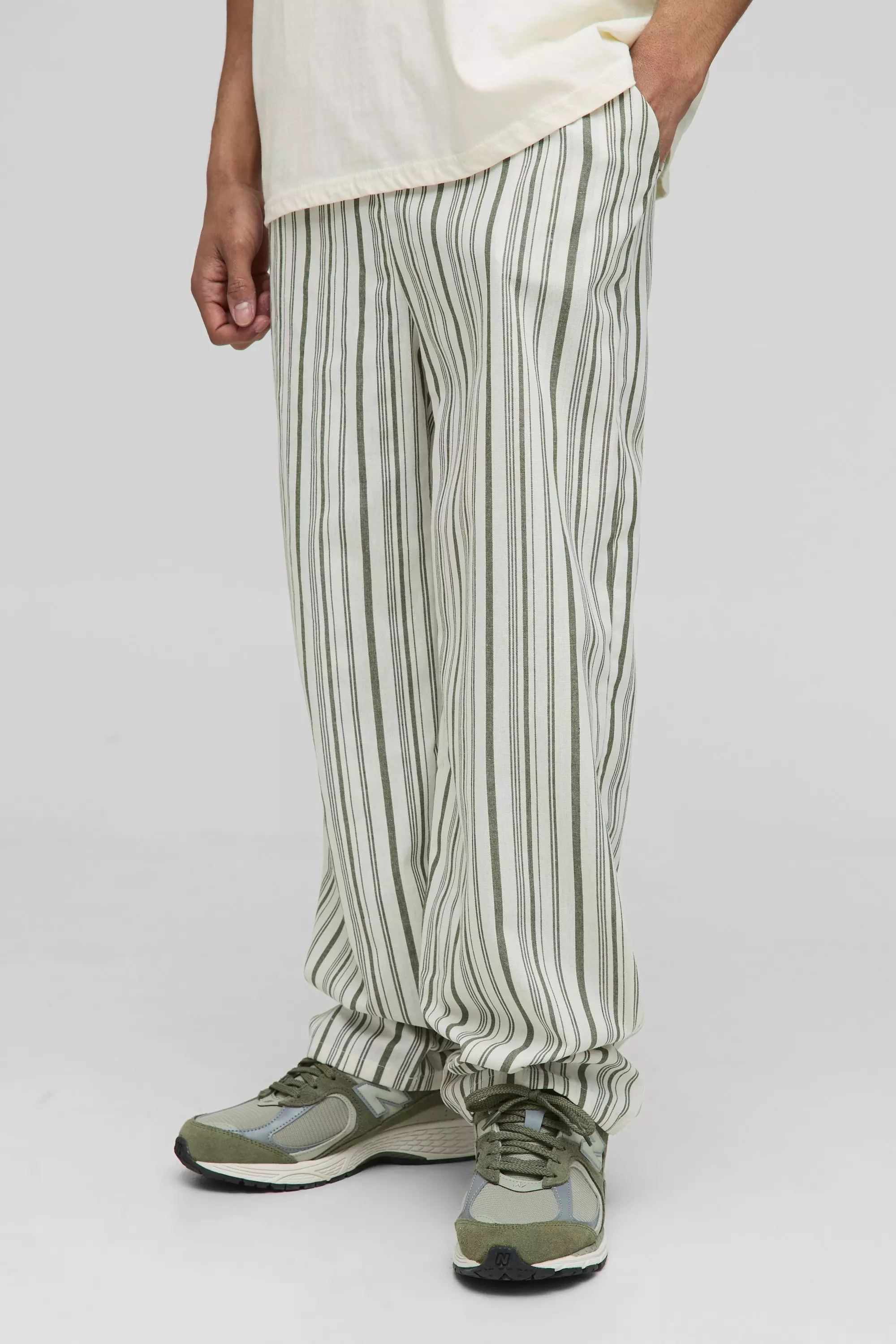 Sage Green Elasticated Waist Relaxed Stripe Linen Look Trousers
