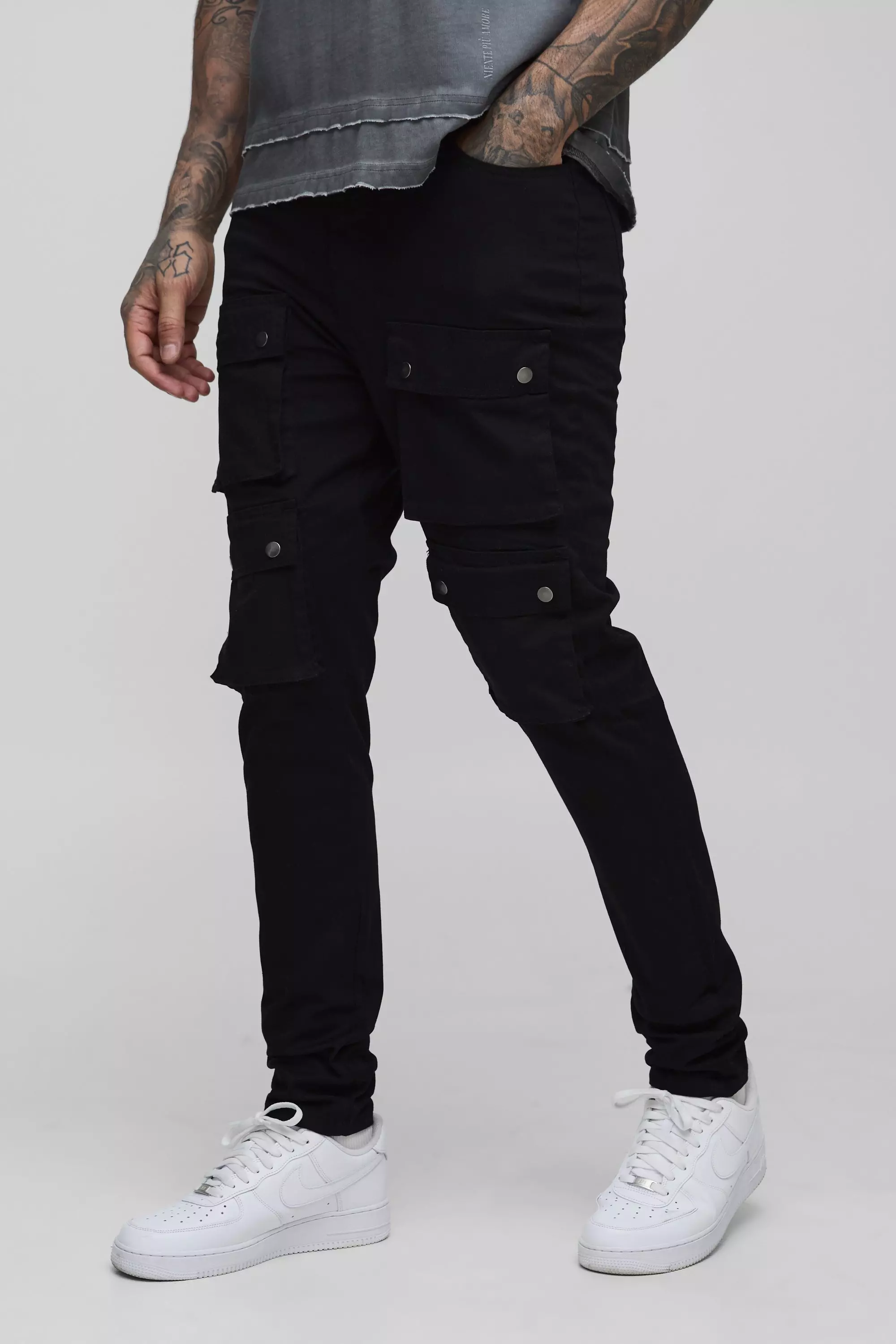 Tall Fixed Waist Multi Cargo Skinny Cargo Pants | boohooMAN USA