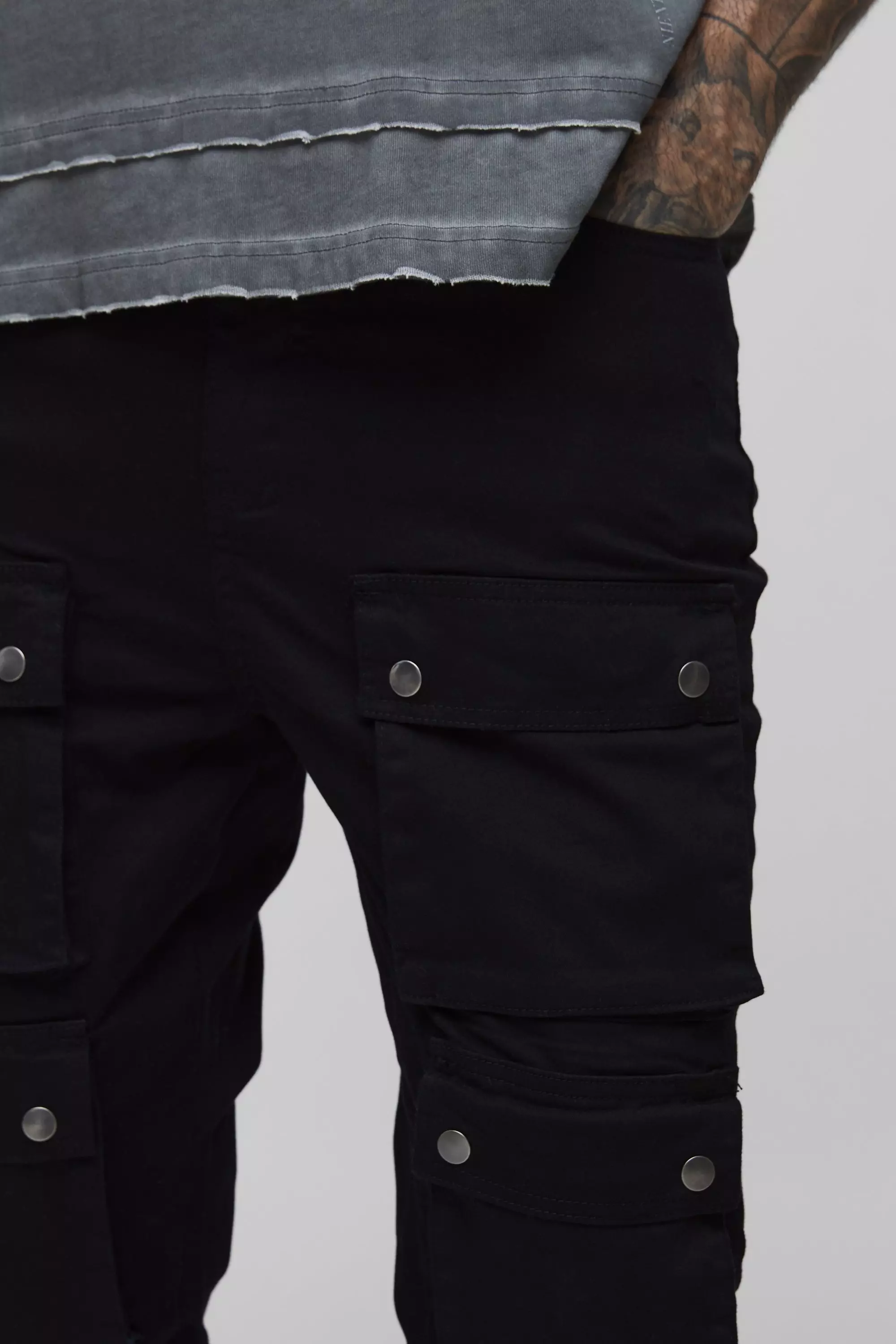 Tall Fixed Waist Multi Cargo Skinny Cargo Pants | boohooMAN USA