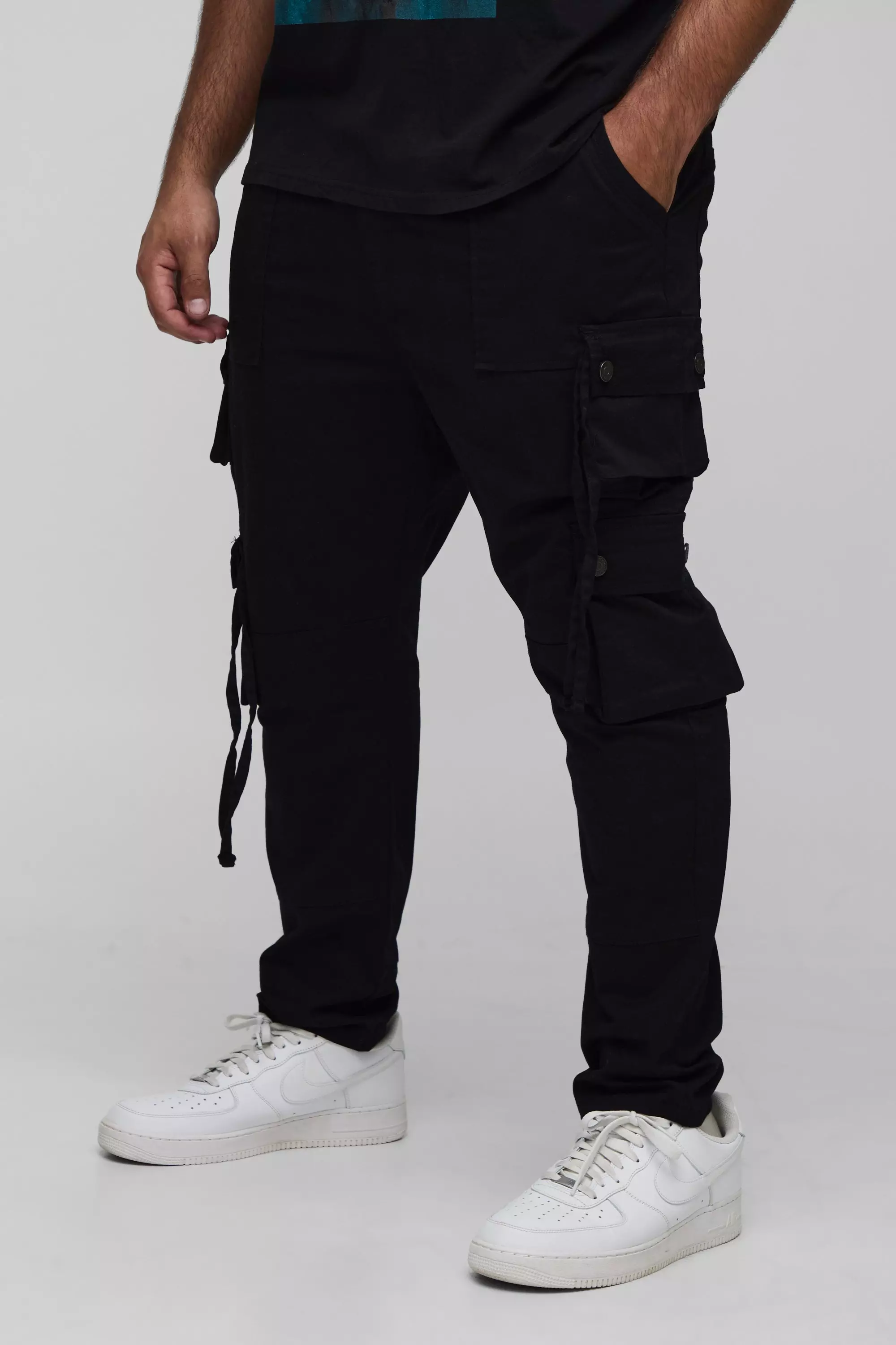 Black Plus Fixed Waist Multi Cargo Strap Detail Skinny Cargo Trousers