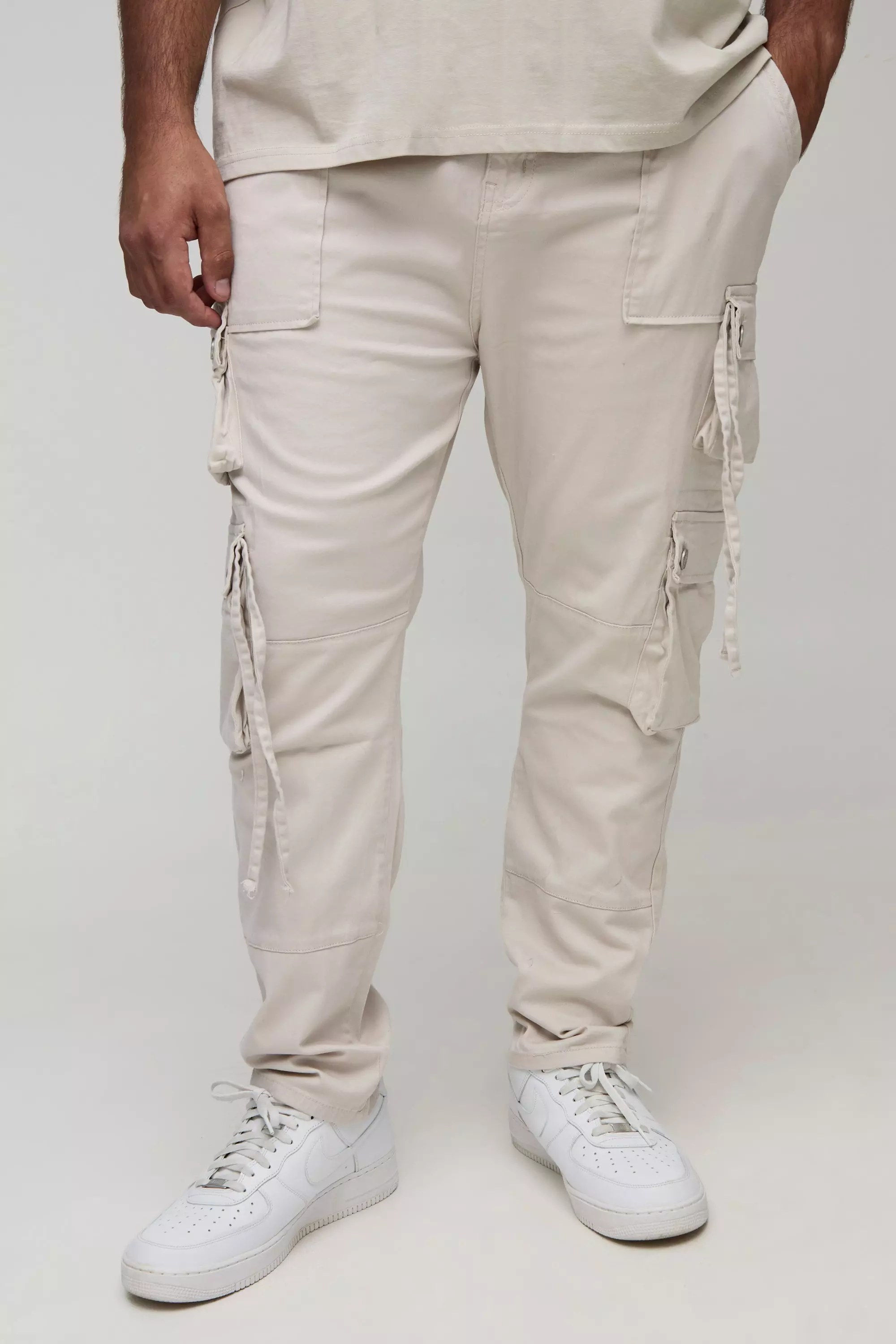 Plus Fixed Waist Multi Cargo Strap Detail Skinny Cargo Trousers light stone