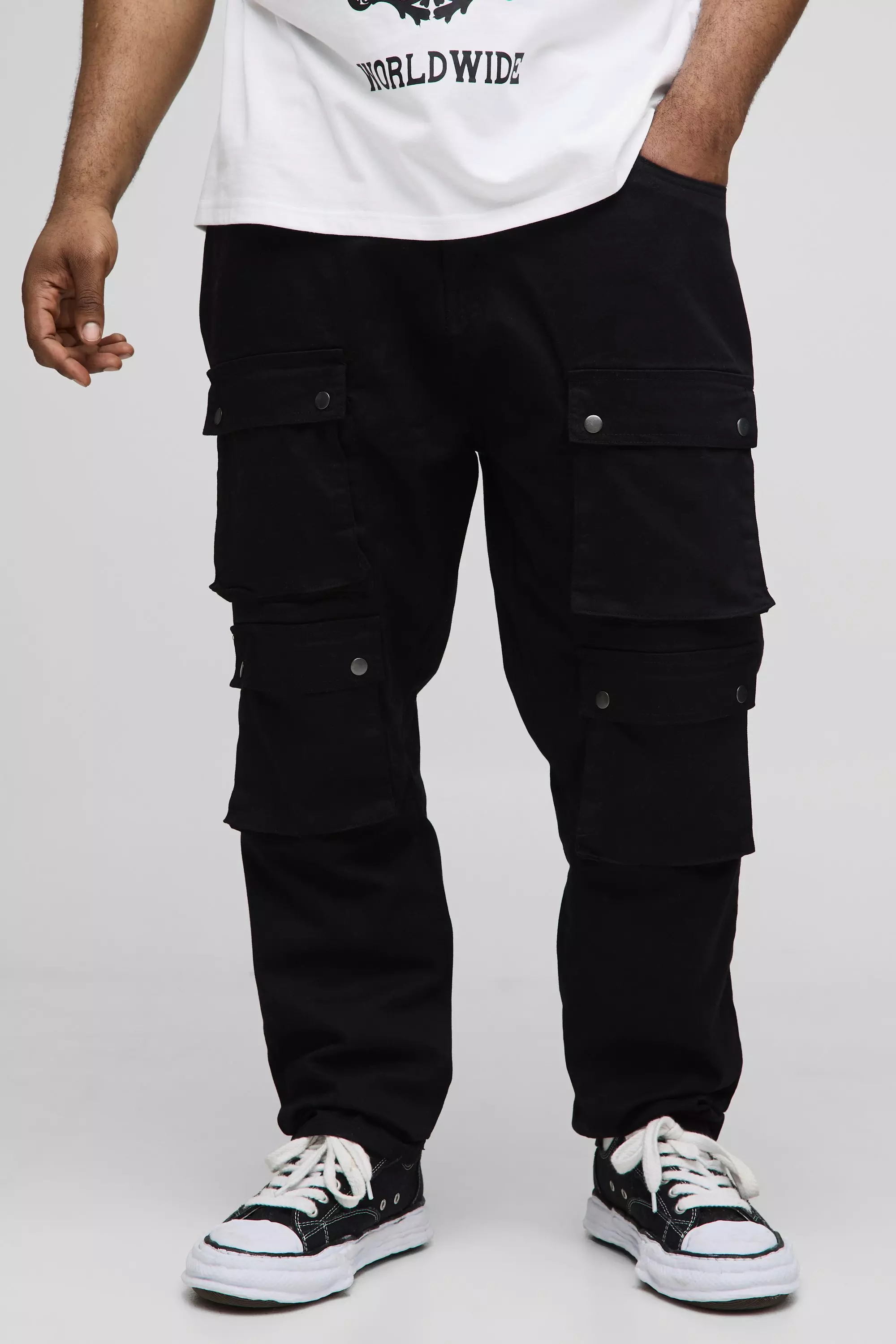 Black Plus Fixed Waist Multi Cargo Skinny Cargo Trousers