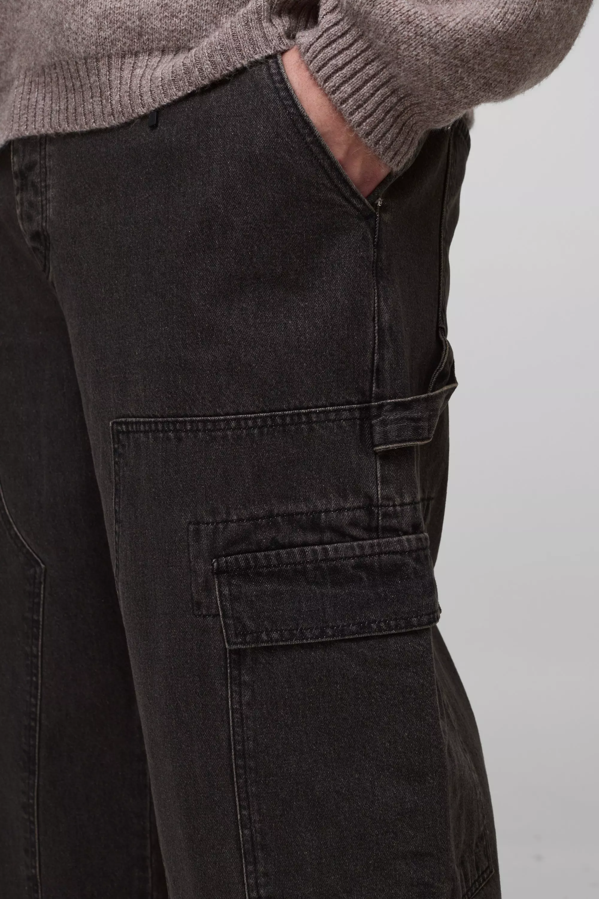 Grande taille - Jean cargo large, Washed black autre image