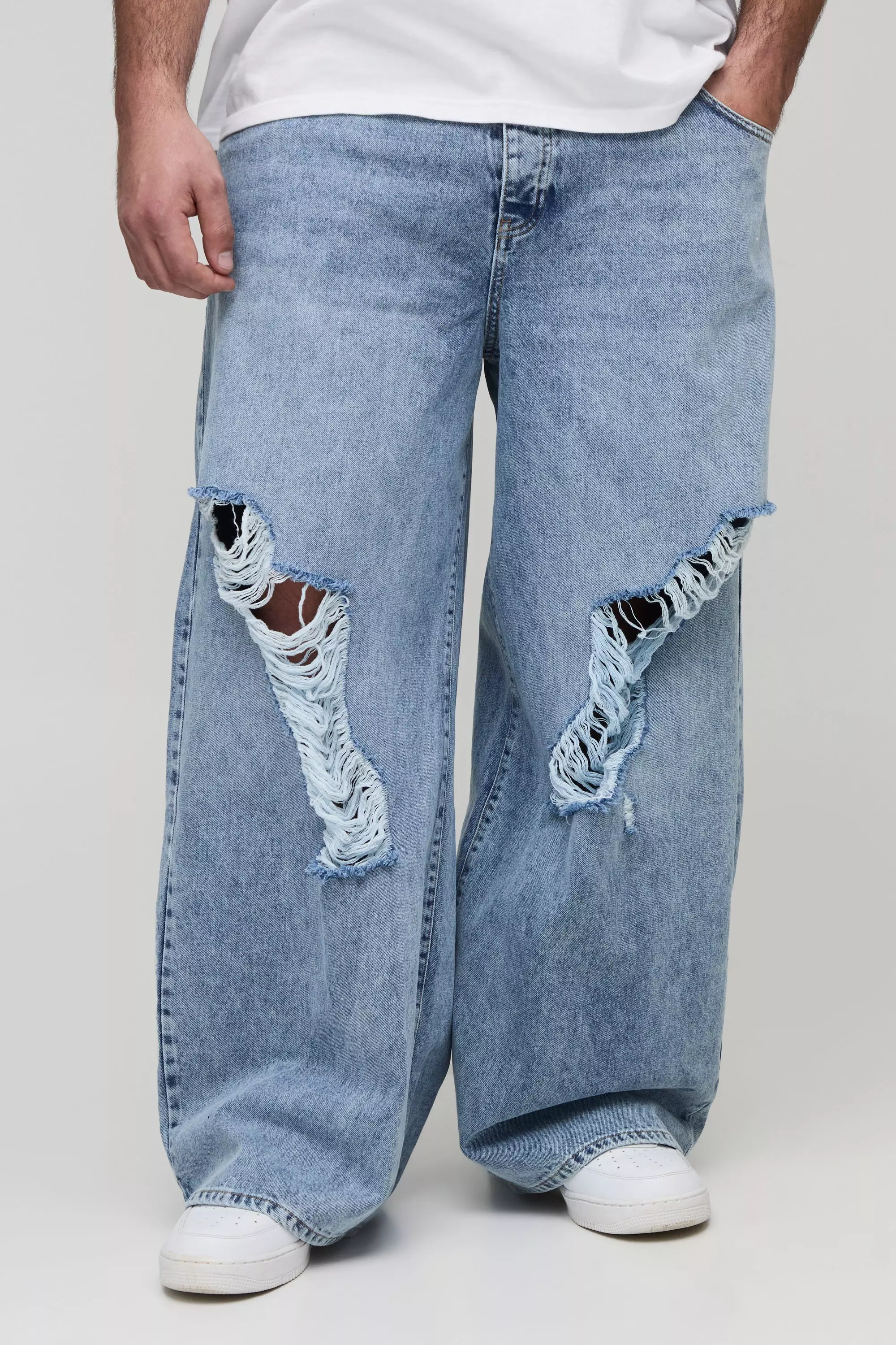 Plus Busted Knee Baggy Flared Jeans | boohooMAN USA